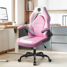 KERDOM - Gaming Chair, Swivel Tilt Gamer Computer Chair PU Leather, Ergonomic Desk Chair with Flip-Up Arms, Height Adjustable - Pink