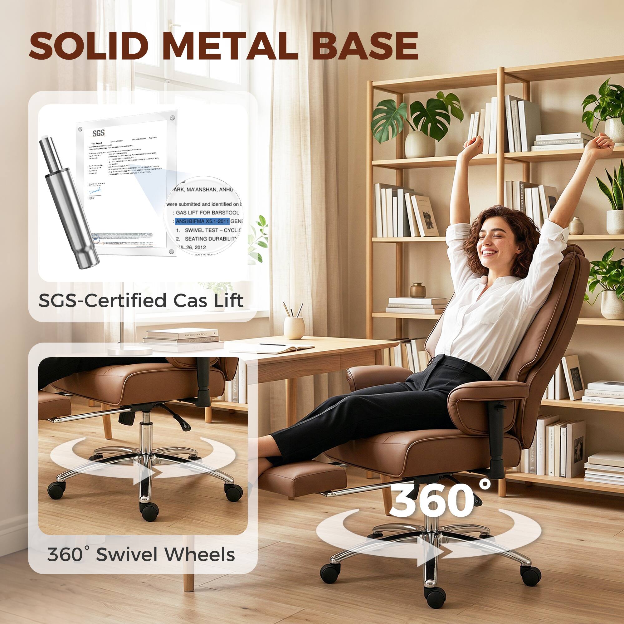 SOLID METAL BASE

SGS-Certified Cas Lift

360° Swivel Wheels

ARK, MAANSHAN, ANHUI
were submitted and identified on:
1. GAS LIFT FOR BARSTOOL
2. SWIVEL TEST - CYCLIC
3. SEATING DURABILITY

IL_L26_2012
