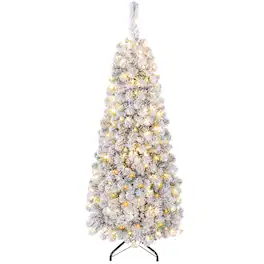 Costway - 4.5 FT Pre-Lit Flocked Pencil Christmas Tree Hinged - Green