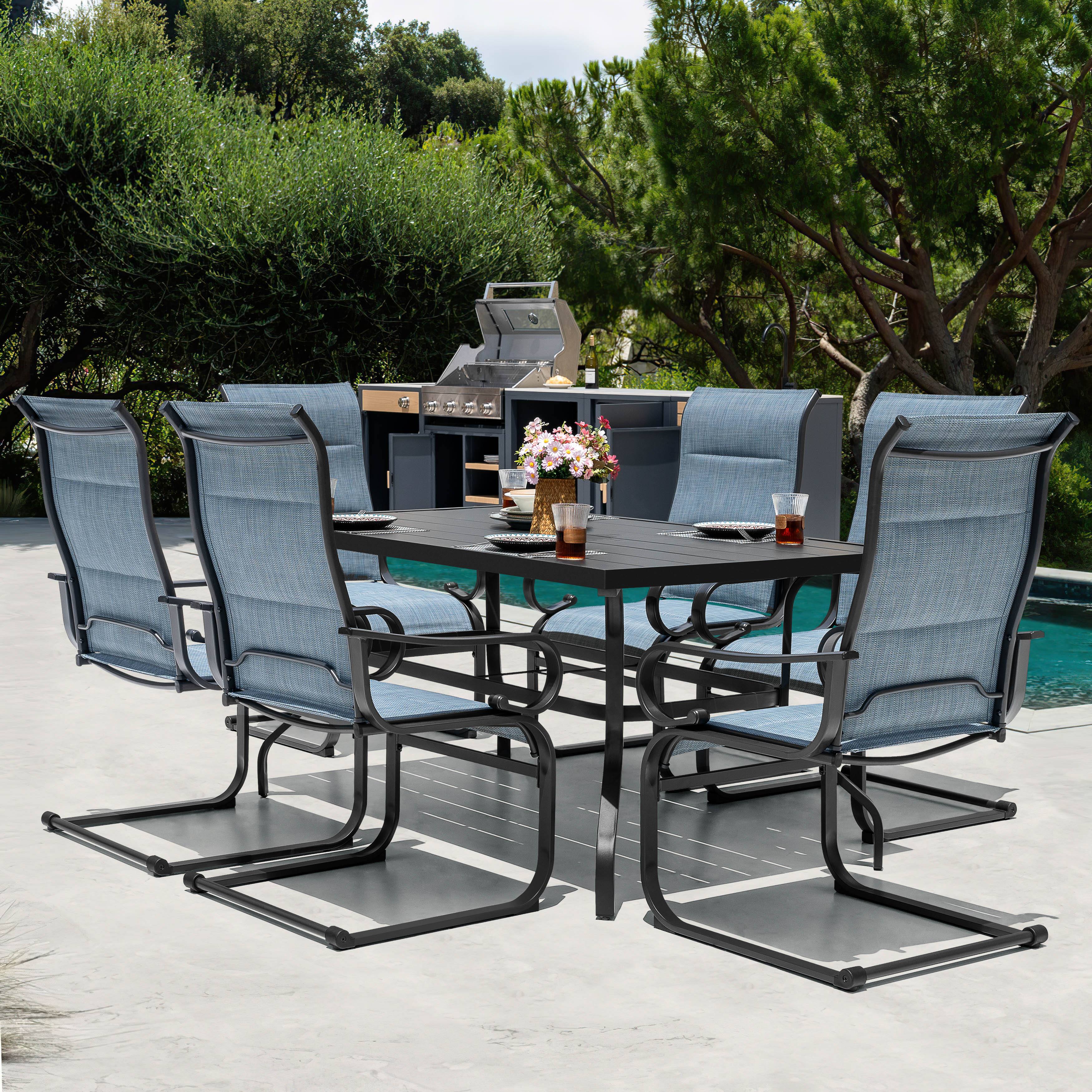 Alt View 1. Nuu Garden - 7PCS Padded Textilene Patio Dining Set with Umbrella Hole, C-Spring Motion - Black and Blue.
