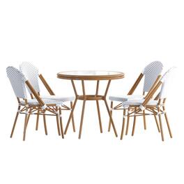 Emma + Oliver - Colmar Indoor/Outdoor Bistro Style 31.5 in. Table with PE Rattan, Glass Top, and Four Chairs - Metal Frame - White & Gray Rattan/Natural Frame