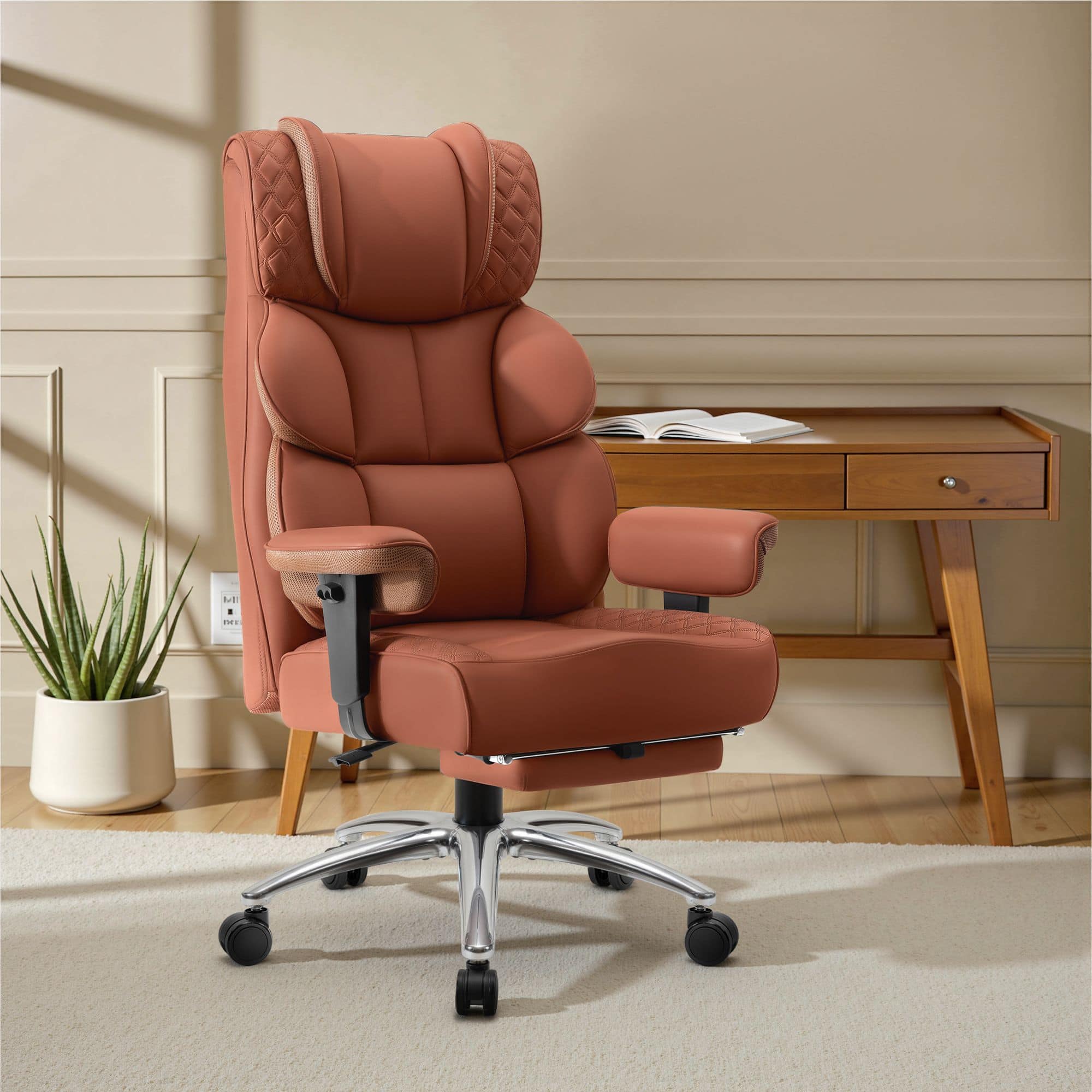 Front. Brick Attic - Big and Tall Ergonomic Office Chair, Wide Executive Leather Reclining Gaming Chair with Footrest, Brown - Brown.