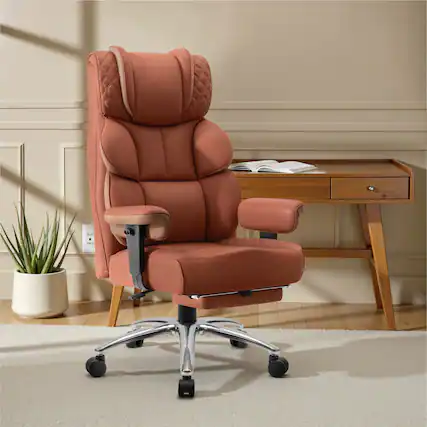 Front. Brick Attic - Big and Tall Ergonomic Office Chair, Wide Executive Leather Reclining Gaming Chair with Footrest, Brown - Brown.