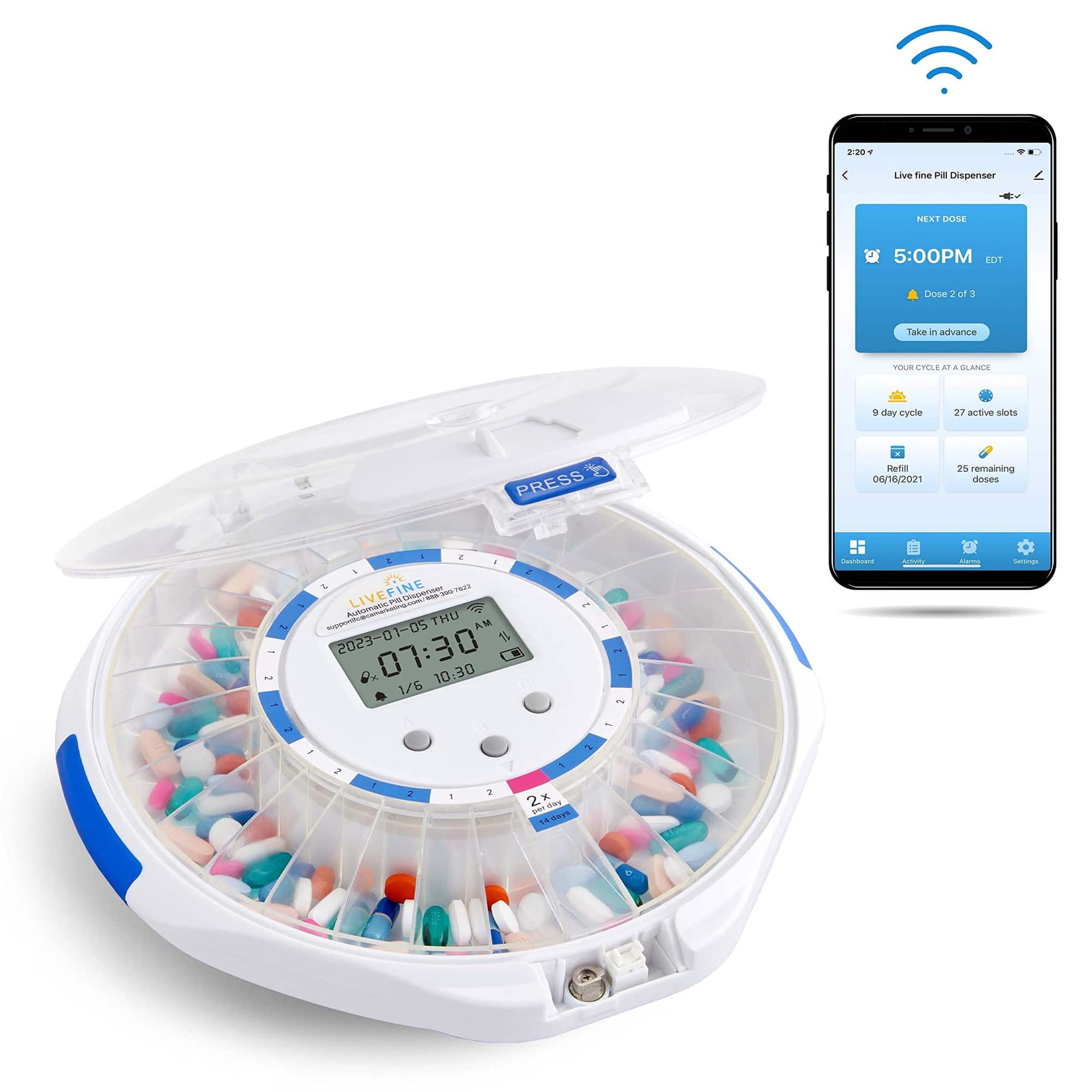 LiveFine - Smart WiFi Automatic Pill Dispenser, 28-Day Pill Organizer W/Lock Key & App - Clear Lid