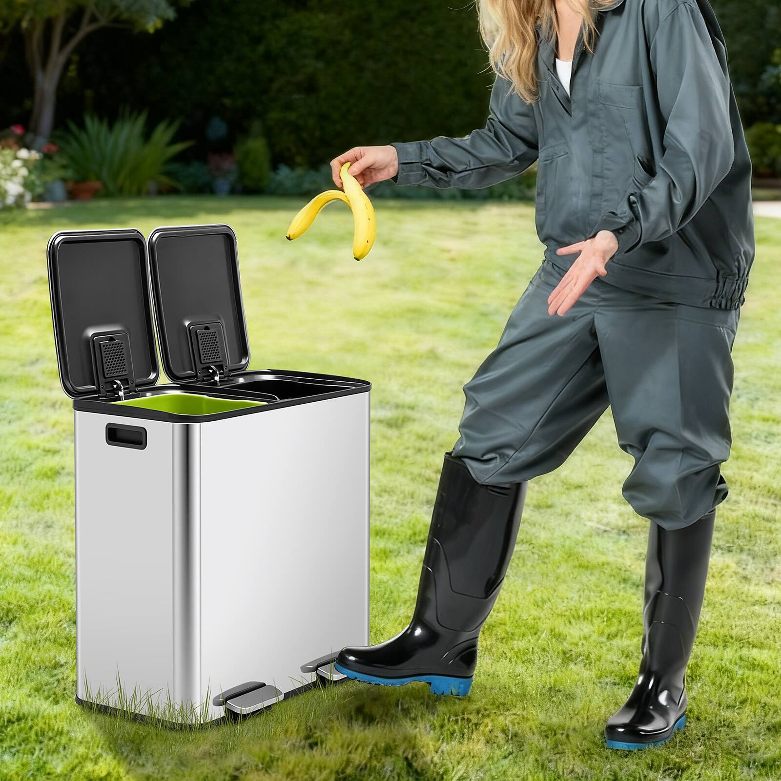 Angle. AENKYO - 80 Liter Stainless Steel Trash Can Dual Compartment Plastic Inner Bucket,Sealed Trash Can - Silver.