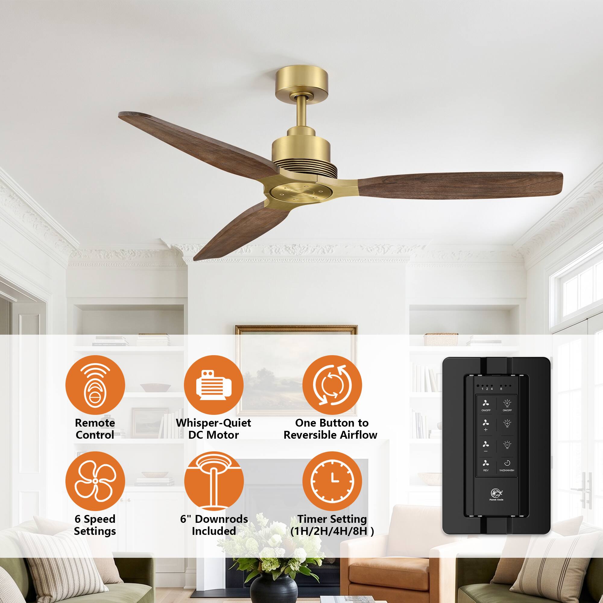 Remote Control Whisper-Quiet DC Motor Reversible Airflow One Button to 6 Speed Settings 6" Downrods Included Timer Setting (1H/2H/4H/8H)