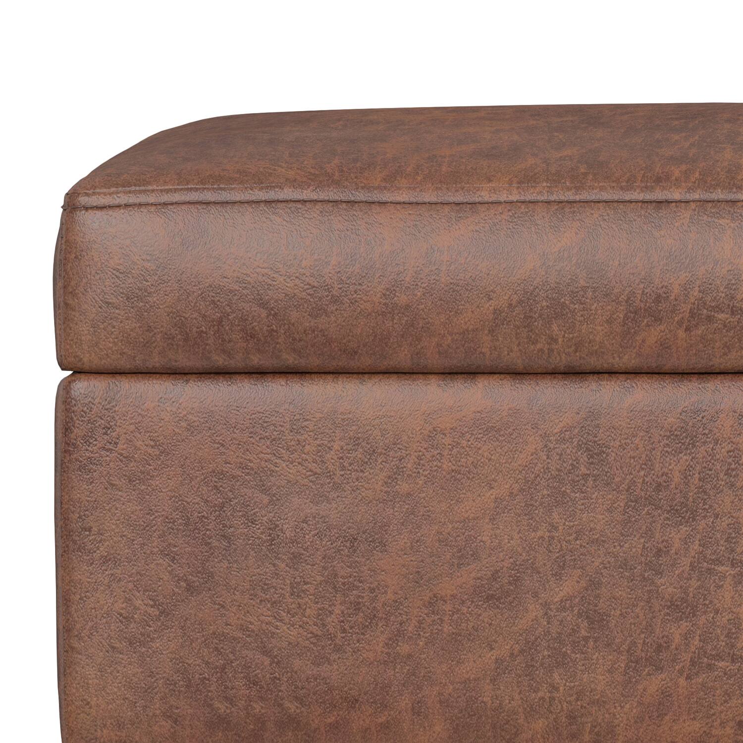 Alt View 7. Simpli Home - Shiloh 26 inch Transitional Contemporary Small Storage Ottoman in Distressed Saddle Brown Vegan Faux Leather, Assembled - Distressed Saddle Brown.