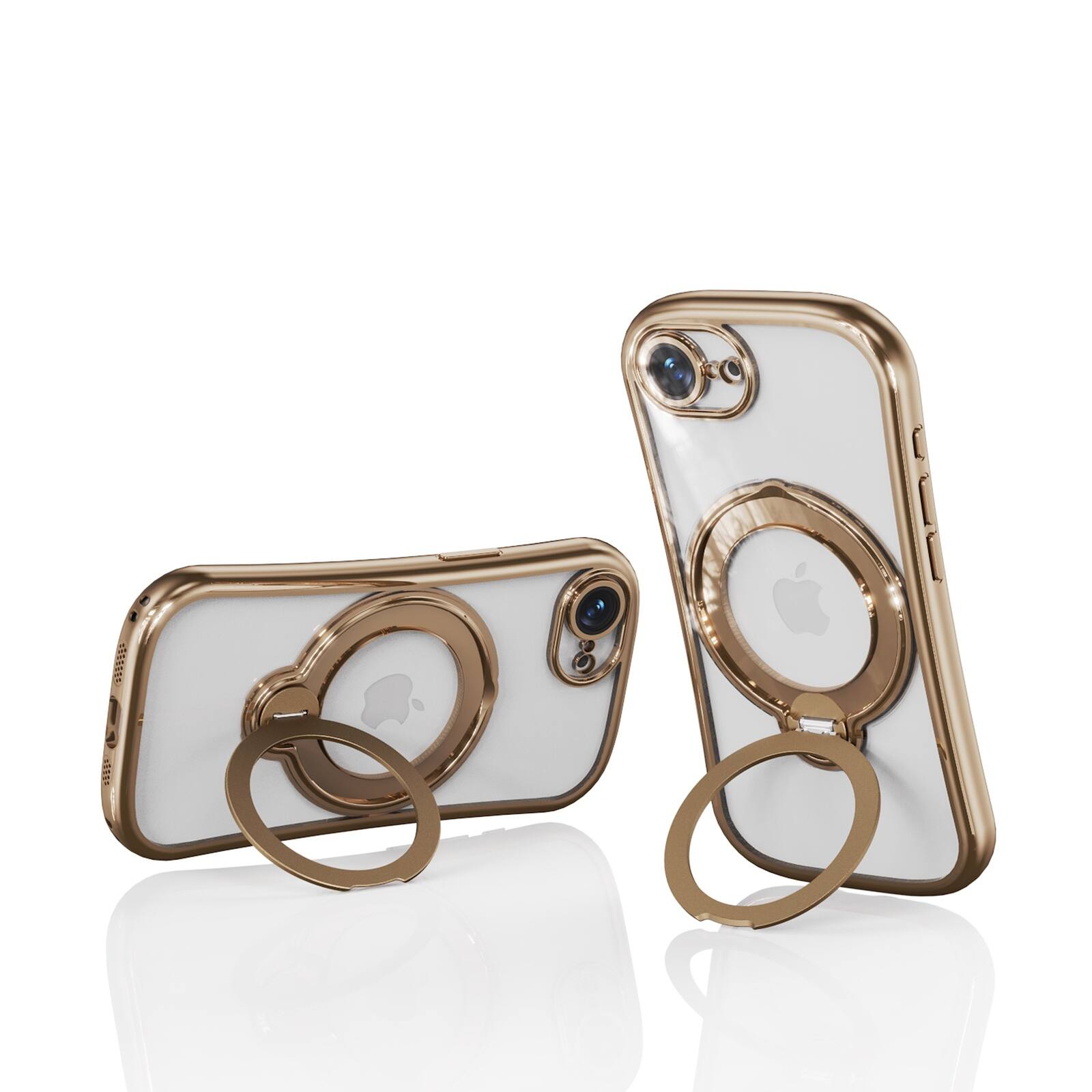 Left. UUCOVER - Magnetic Clear Case for iPhone 17e/iPhone 16e Shockproof TPU Ring Stand Camera Lens Protector Cover with Shoulder Strap - Gold.