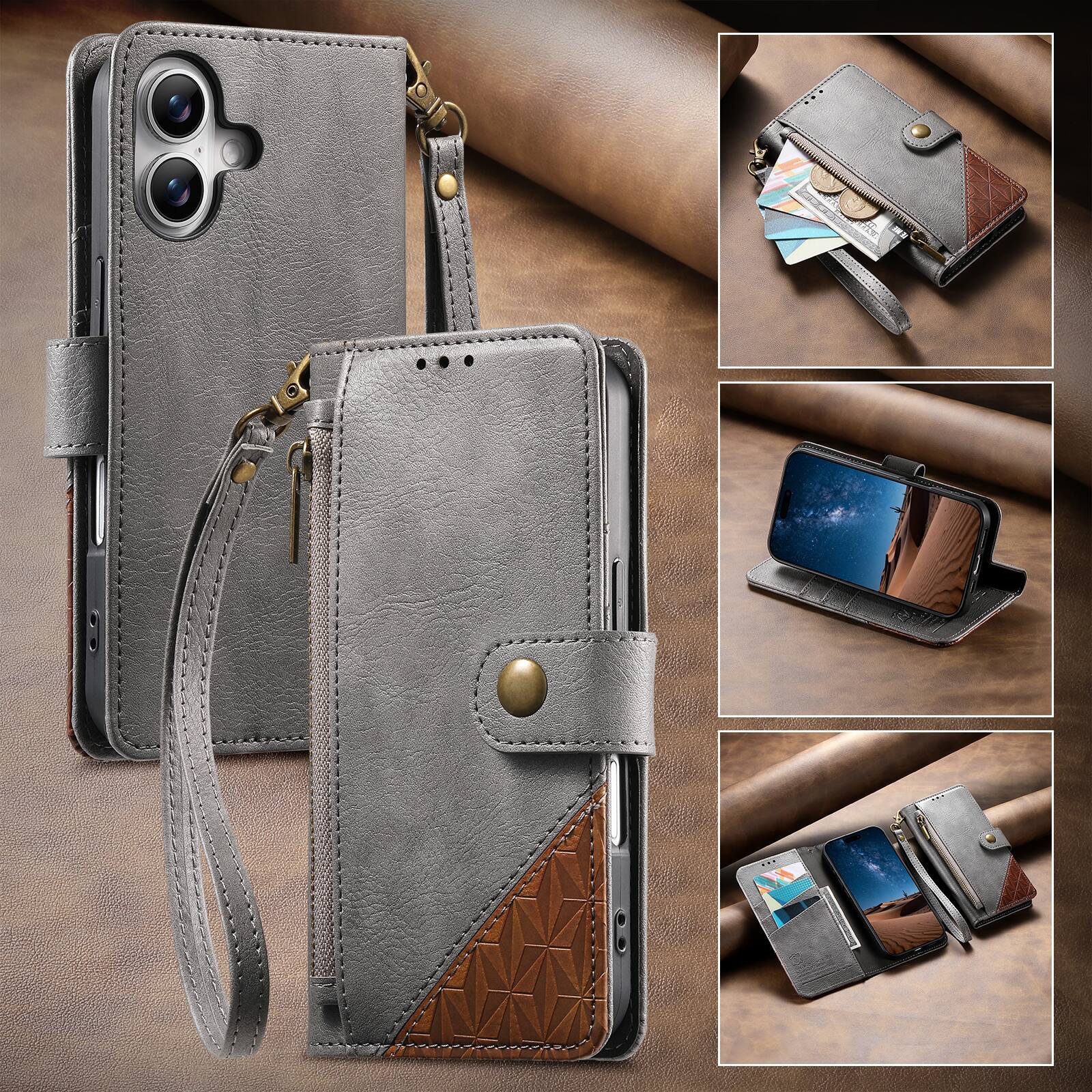 Angle. Dteck - For Apple iPhone 17 Wallet Case Business Shockproof PU Leather Flip Kickstand Zipper Card Pocket Cover+Strap - Gray.