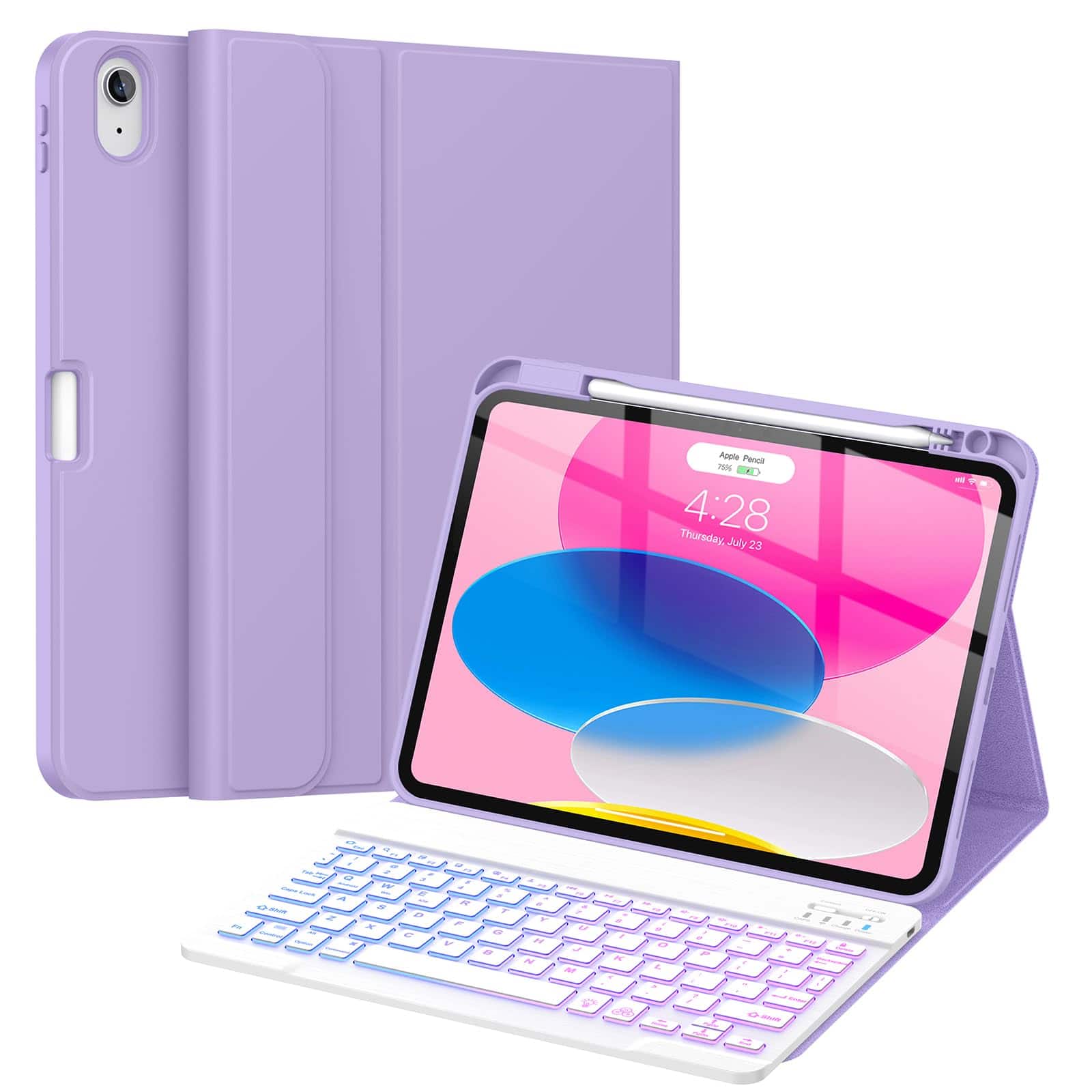 Pacoar Cade - For Ipad (a16) 11th/10th Generation Case With Keyboard(2025/2022)-7 Color Backlight Wireless Detachable Folio Cover - Lilac