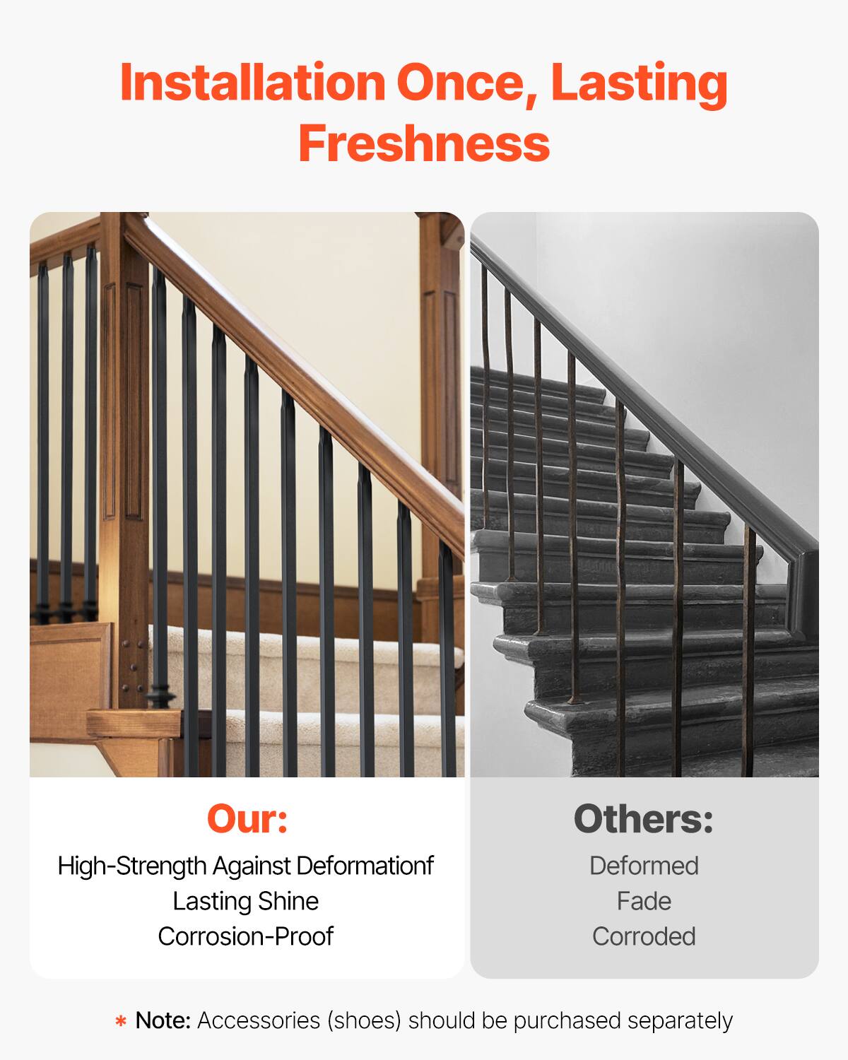 Installation Once, Lasting Freshness

Our: High-Strength Against Deformation Lasting Shine Corrosion-Proof

Others: Deformed Fade Corroded

*Note: Accessories (shoes) should be purchased separately