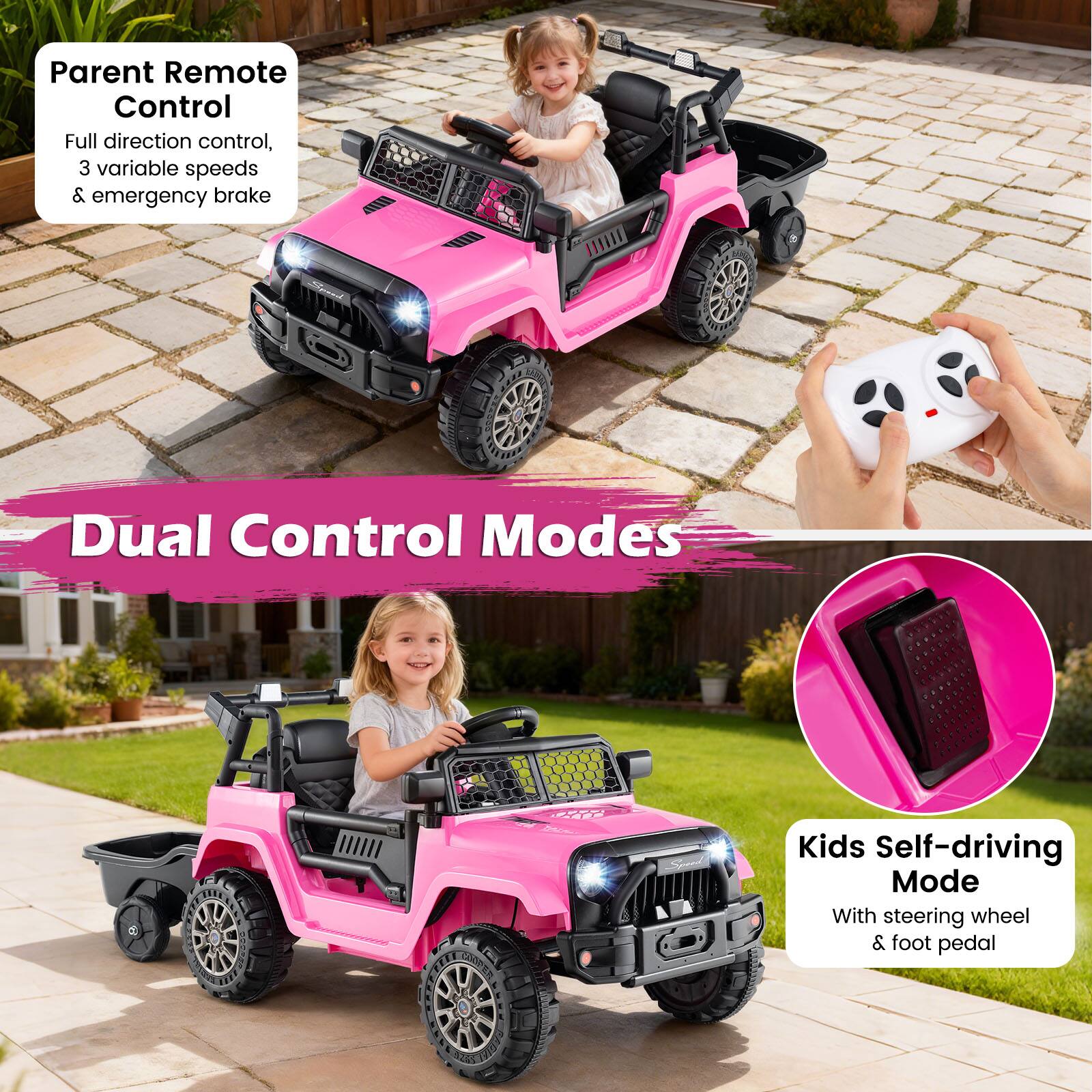 Parent Remote Control  
Full direction control, 3 variable speeds & emergency brake  

Dual Control Modes  

Kids Self-driving Mode  
With steering wheel & foot pedal