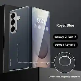 Dteck - Magnetic Leather Texture Phone Case for Samsung Galaxy Z Fold7, Shockproof Full Hinge Protection Hard Protective Cover - Blue
