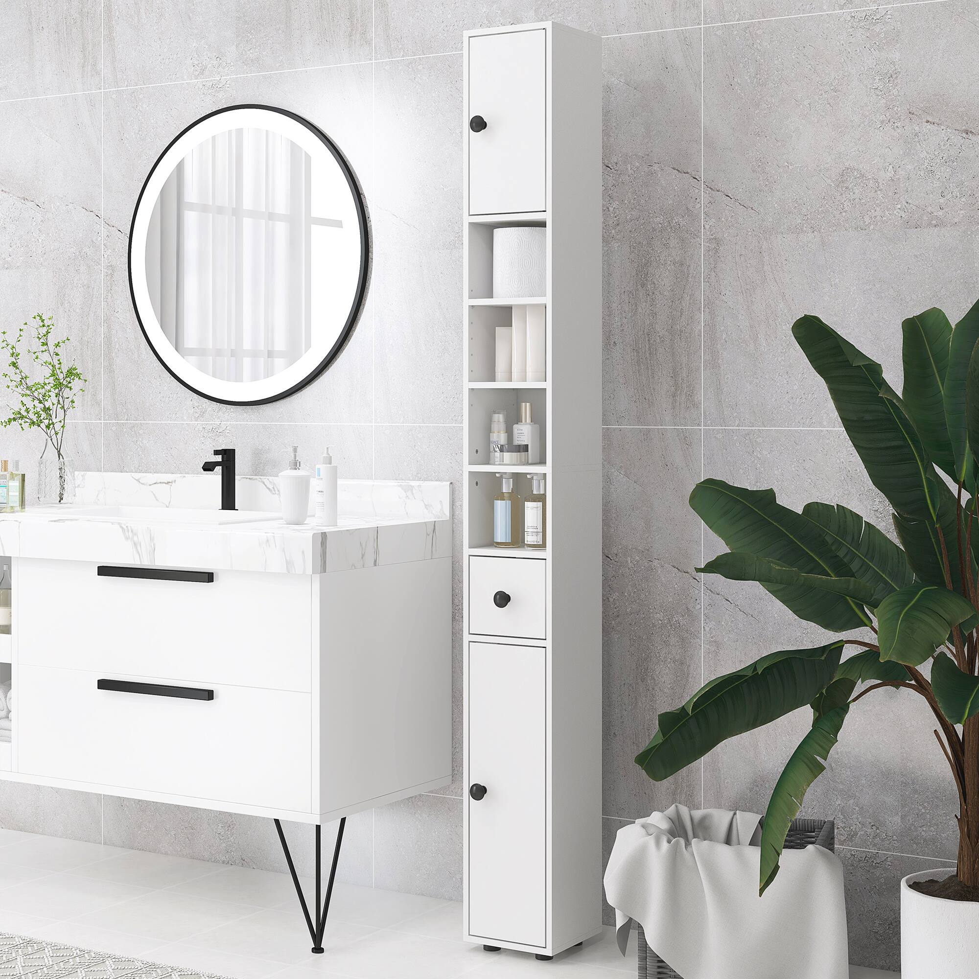 Alt View 1. Kleankin - 71" Tall Bathroom Storage Cabinet, Narrow Freestanding with Open Shelves, 2 Doors, Adjustable Shelves - White.