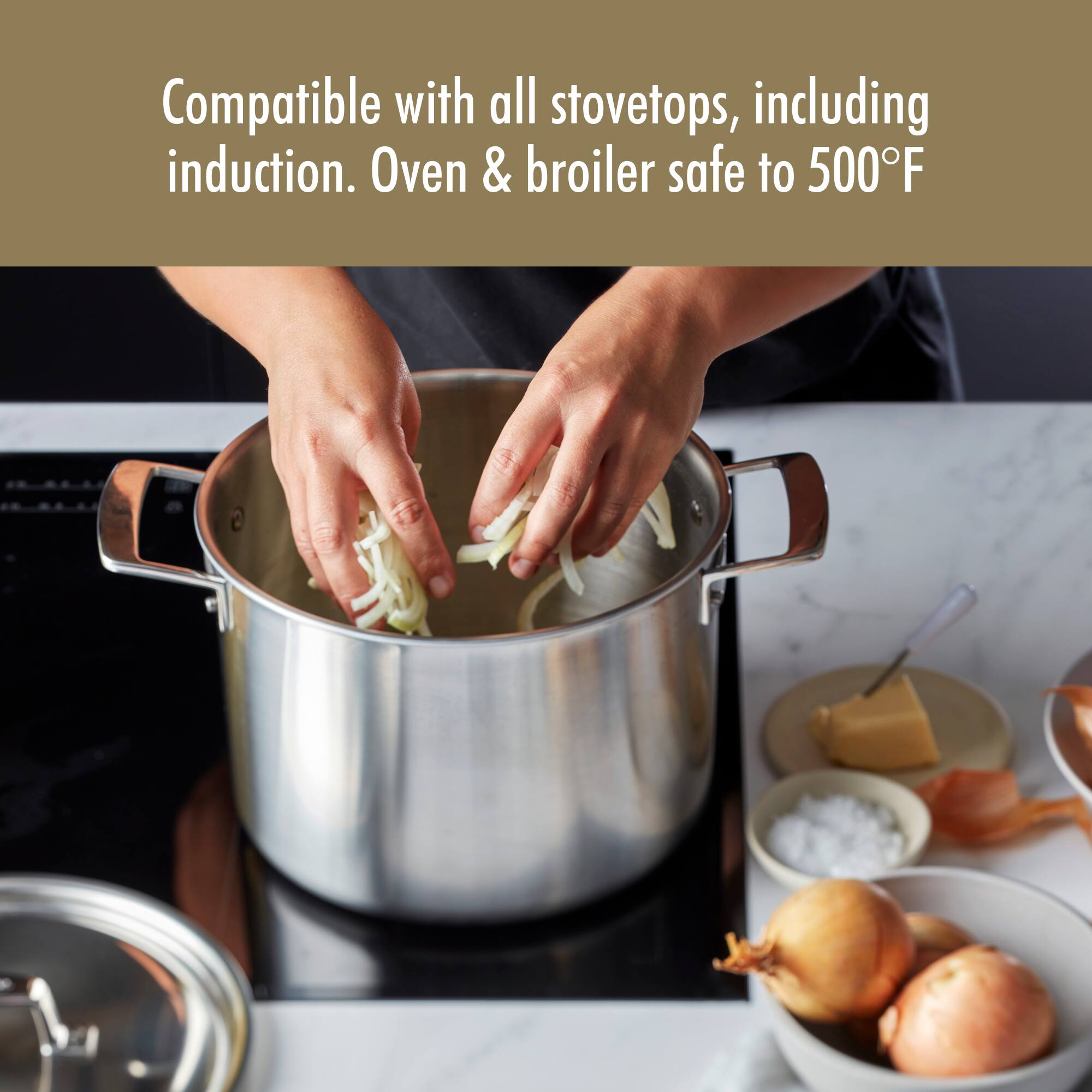 Compatible with all stovetops, including induction. Oven & broiler safe to 500°F