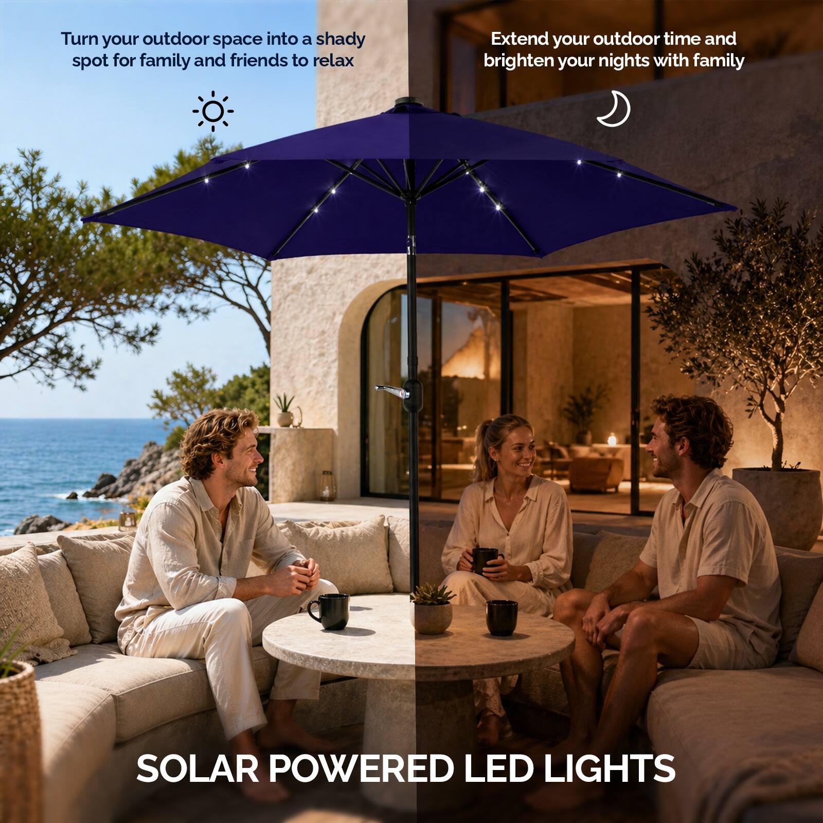 Turn your outdoor space into a shady spot for family and friends to relax

Extend your outdoor time and brighten your nights with family

SOLAR POWERED LED LIGHTS