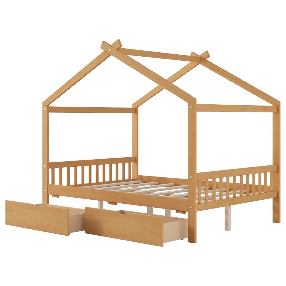 Alt View 7. Loheer - Loheer Full Size House Bed with Drawers, Natural Pine Wood Platform Frame - Natural.