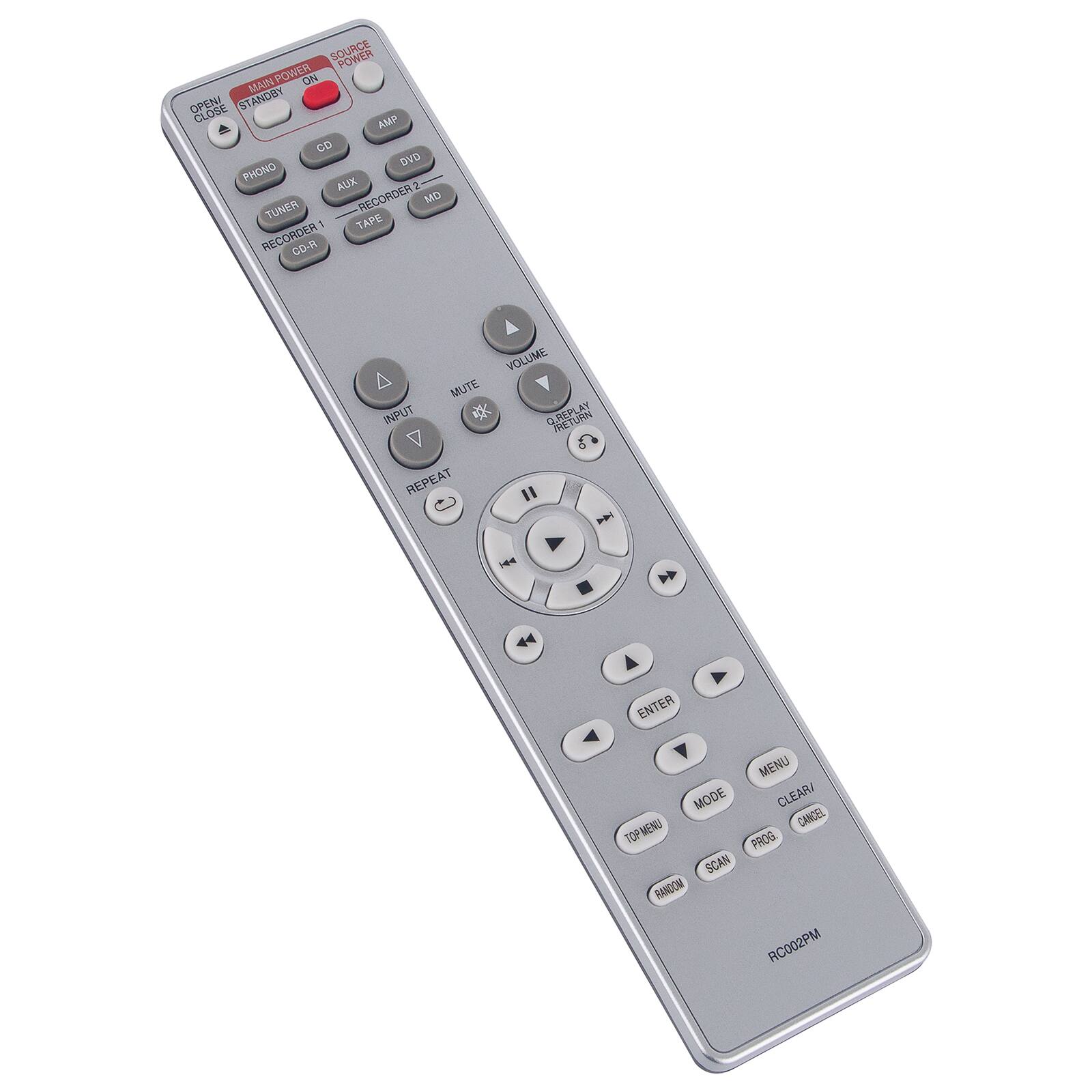 SOURCE POWER ON MAIN OPEN STANDBY CLOSE AMP CO DVD PHONO AUX 1 RECORDER MD TUNER 1 TAPE RECORDER CD-A A MUTE INPUT REPEAT VOLUME C.REPLAY URN C " -  ENTER MENU MODE CLEAR/ MENU CANCEL TOP PROG SCAN HANDON RC002PM