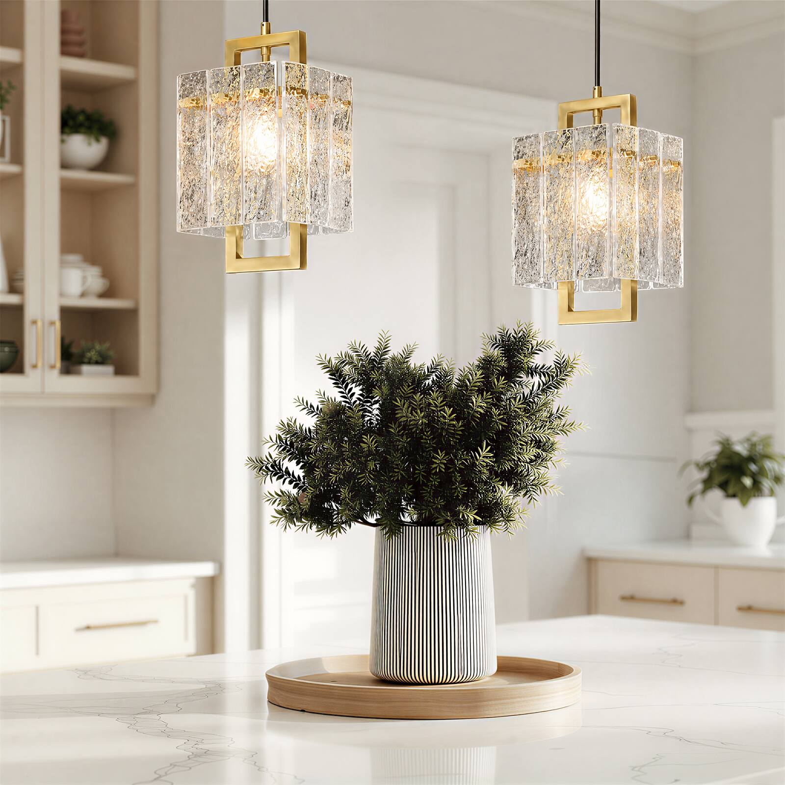 Alt View 5. Siljoy - Square Frame Cracked Glass Lampshade Pendant Light - Gold.
