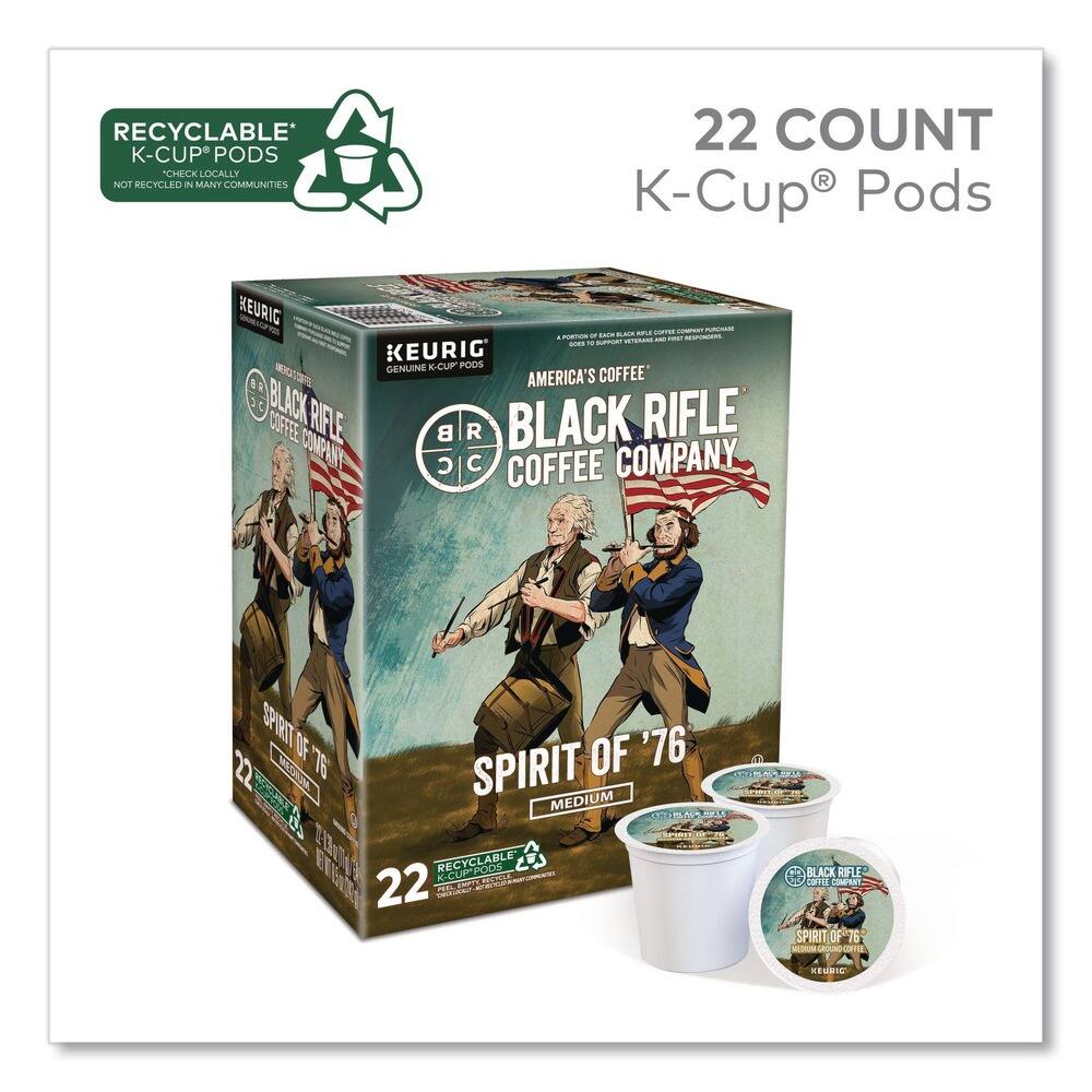RECYCLABLE K-CUP PODS  
CHECK LOCALLY NOT RECYCLED IN MANY COMMUNITIES  

22 COUNT K-Cup Pods  

KEURIG GENUINE K-CUP PODS  

AMERICA'S COFFEE  
BLACK RIFLE COFFEE COMPANY  

SPIRIT OF '76  
MEDIUM  

22 COUNT  

RECYCLABLE K-CUP PODS