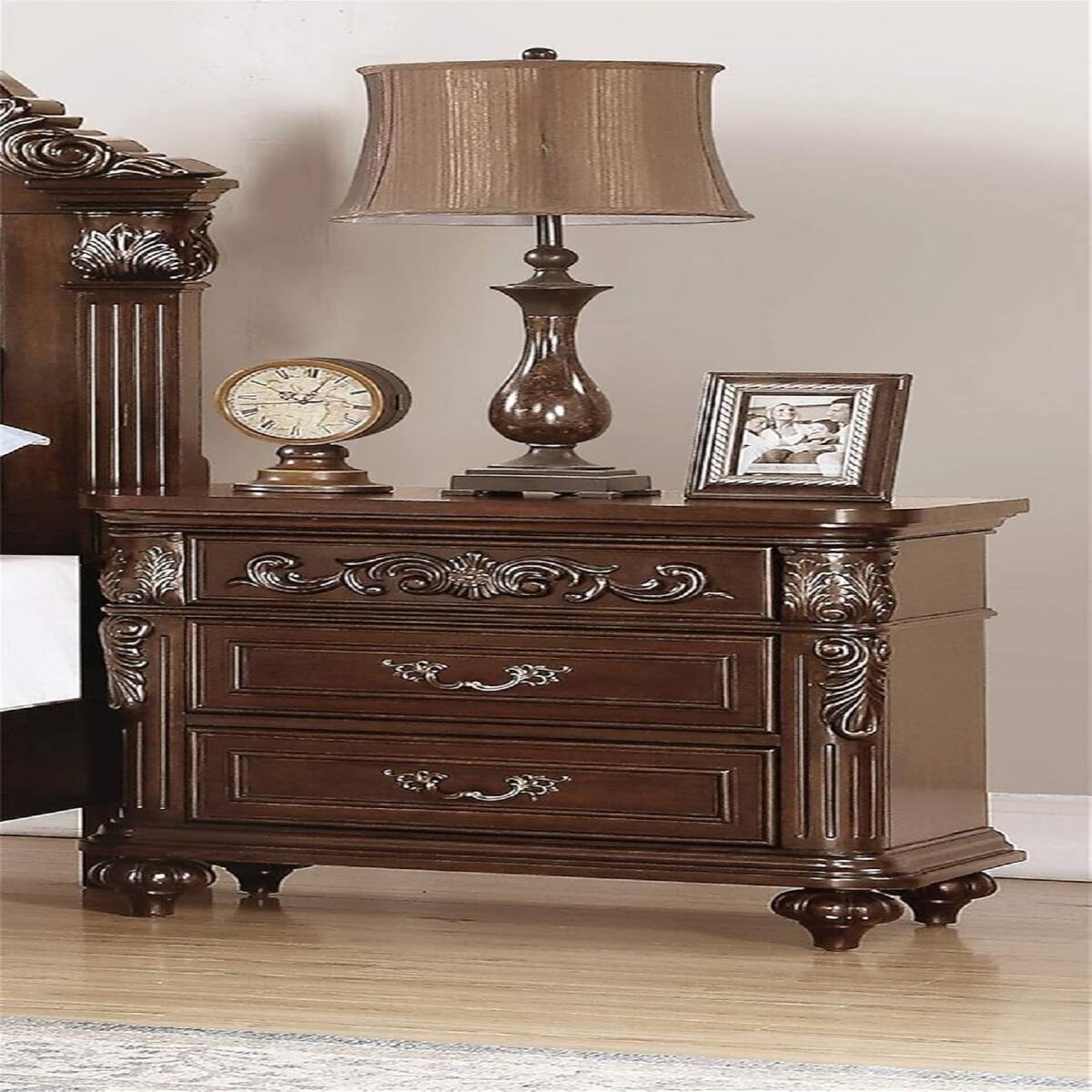 Alt View 1. Loheer - Loheer Traditional Walnut Nightstand, Two Drawer Bedside Table, Antique Finish - Walnut Brown.