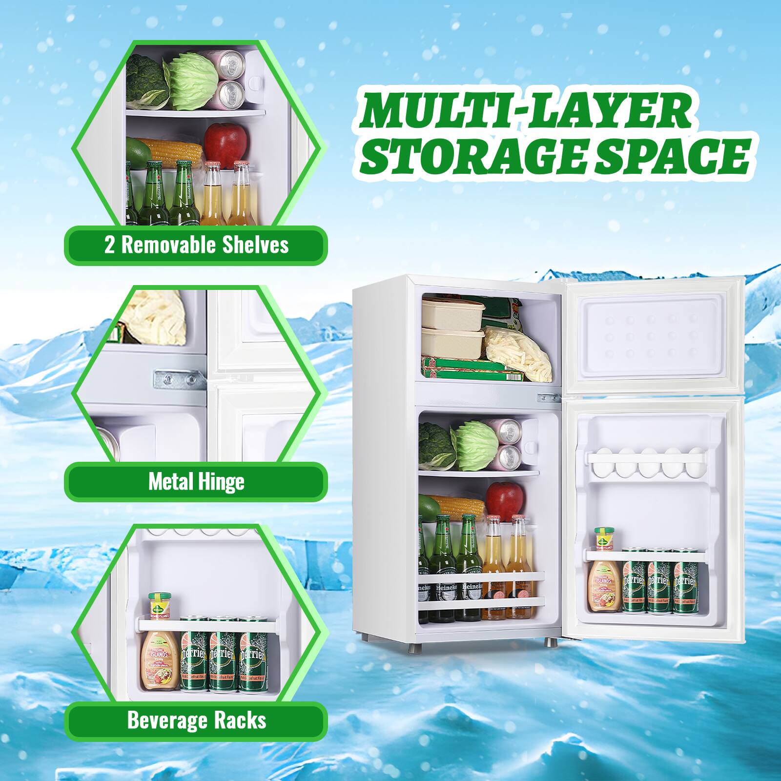 MULTI-LAYER STORAGE SPACE

- 2 Removable Shelves
- Metal Hinge
- Beverage Racks