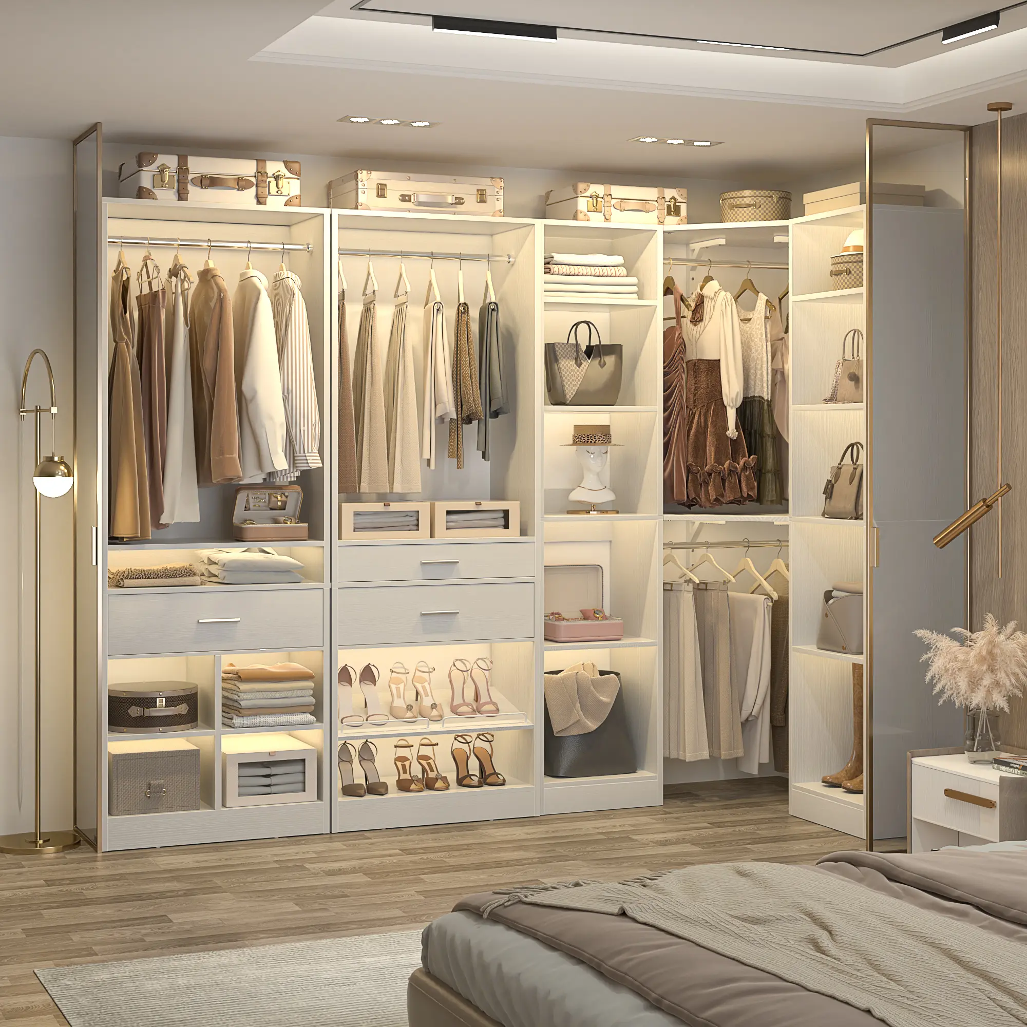 Angle. Aheaplus - 89"×39" Freestanding Corner Closet: 500+ Clothes Capacity, 2000 lbs Load, DIY Customizable,Ships in 3-4 Packages - White.