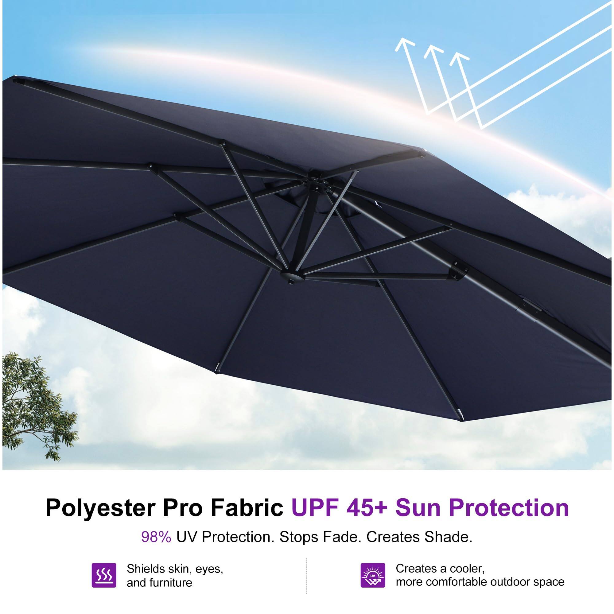 Polyester Pro Fabric UPF 45+ Sun Protection

98% UV Protection. Stops Fade. Creates Shade.

- Shields skin, eyes, and furniture
- Creates a cooler, more comfortable outdoor space