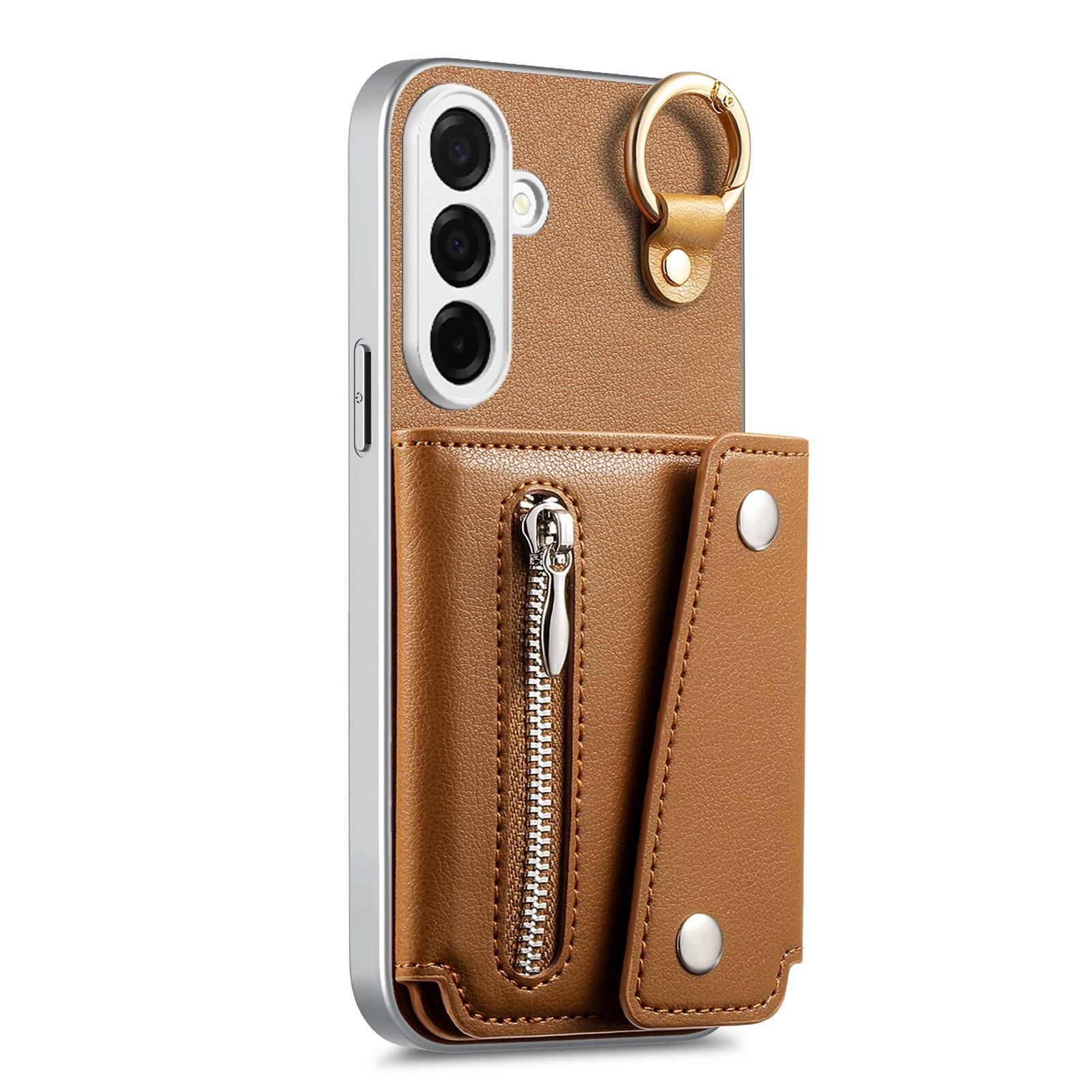 Angle. Dteck - PU Leather Zipper Wallet Phone Case for Samsung Galaxy A16 5G with Ring Buckle, Shockproof Kickstand Protective Cover - Brown.