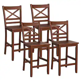 Costway - Set of 4 Bar Stools 24" Counter Height Chairs w/ Rubber Wood Legs - Antique Walnut