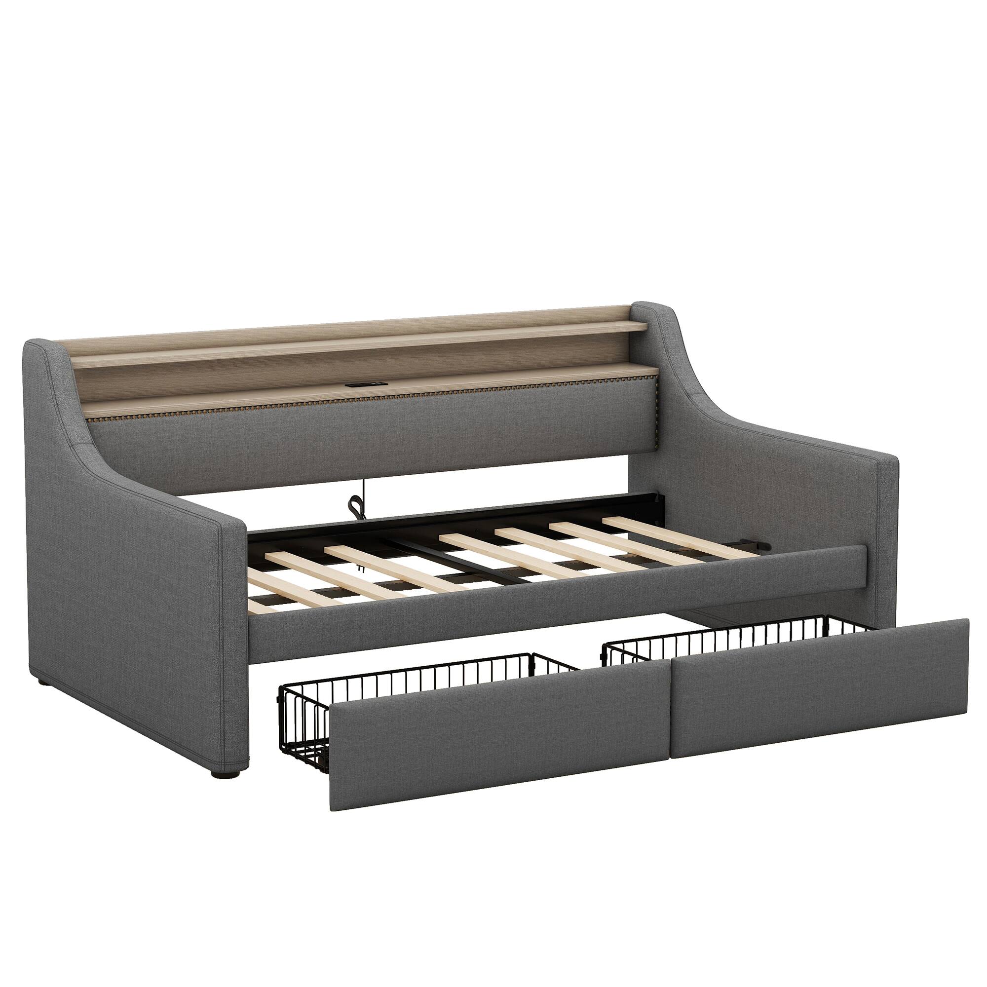 Left. PexFix - Twin Daybed with Storage Drawers, LED Lights & Charging Station, Upholstered Bed for Guest Room - Gray.