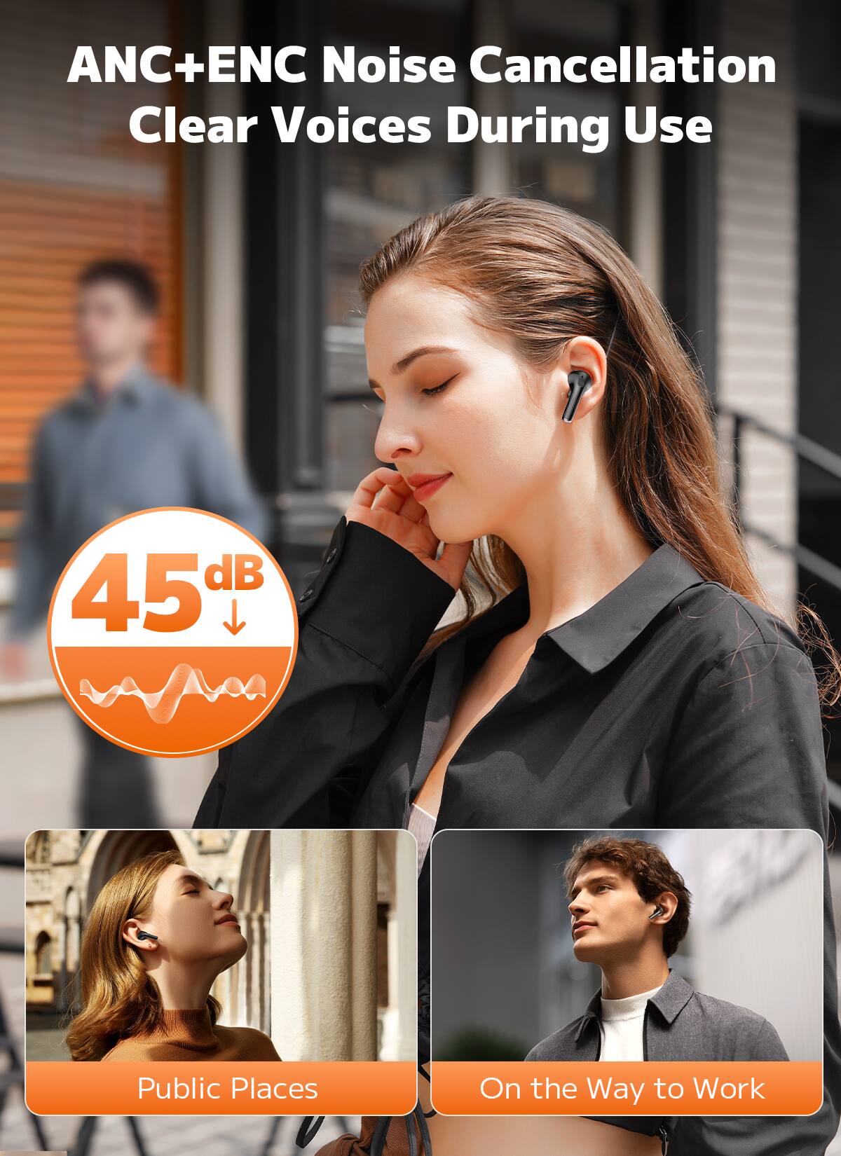 ANC+ENC Noise Cancellation  
Clear Voices During Use  
45 dB  
Public Places  
On the Way to Work