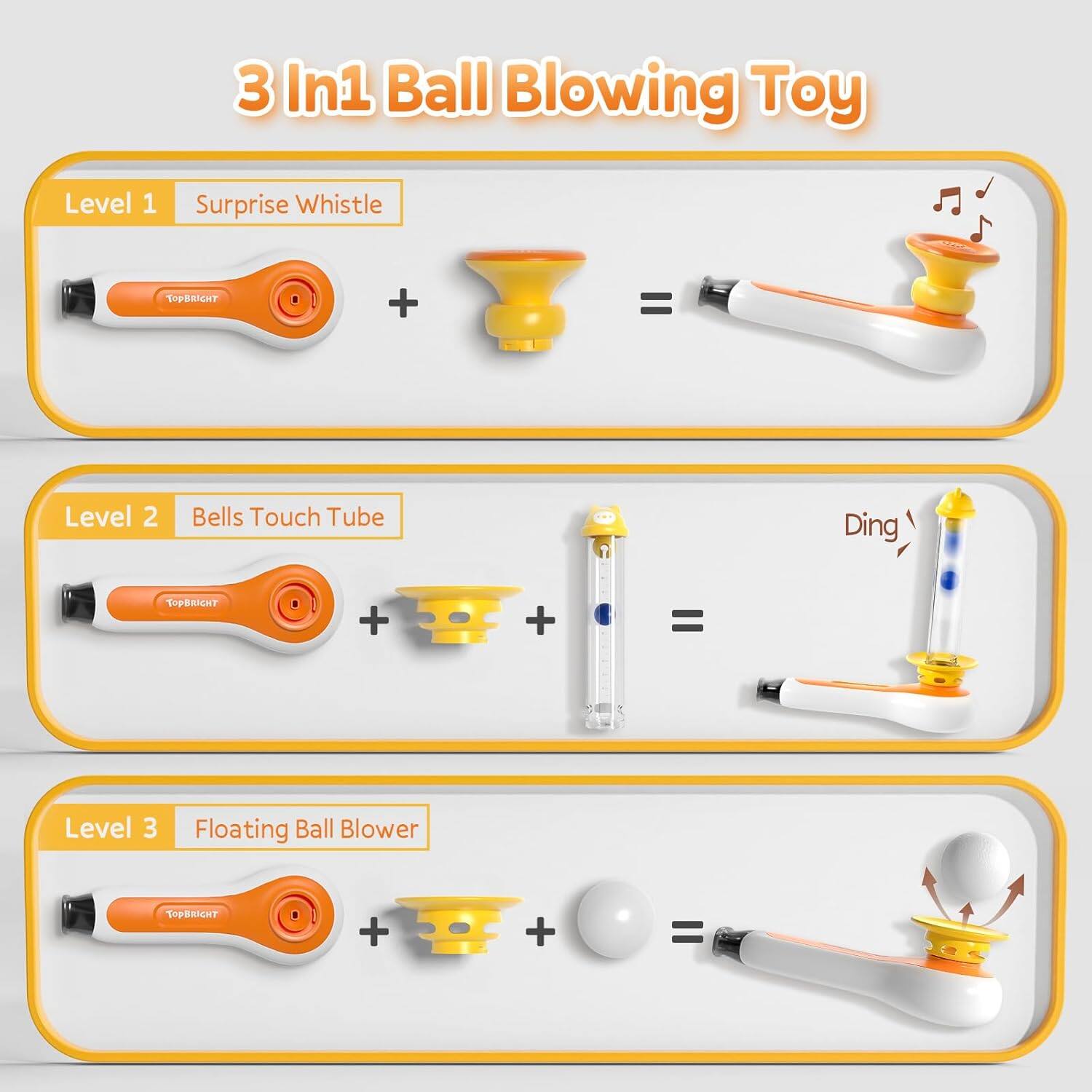 3 In1 Ball Blowing Toy

Level 1 Surprise Whistle
TOPBRIGHT + = 

Level 2 Bells Touch Tube
TOPBRIGHT + + = 

Level 3 Floating Ball Blower
TOPBRIGHT + + =
