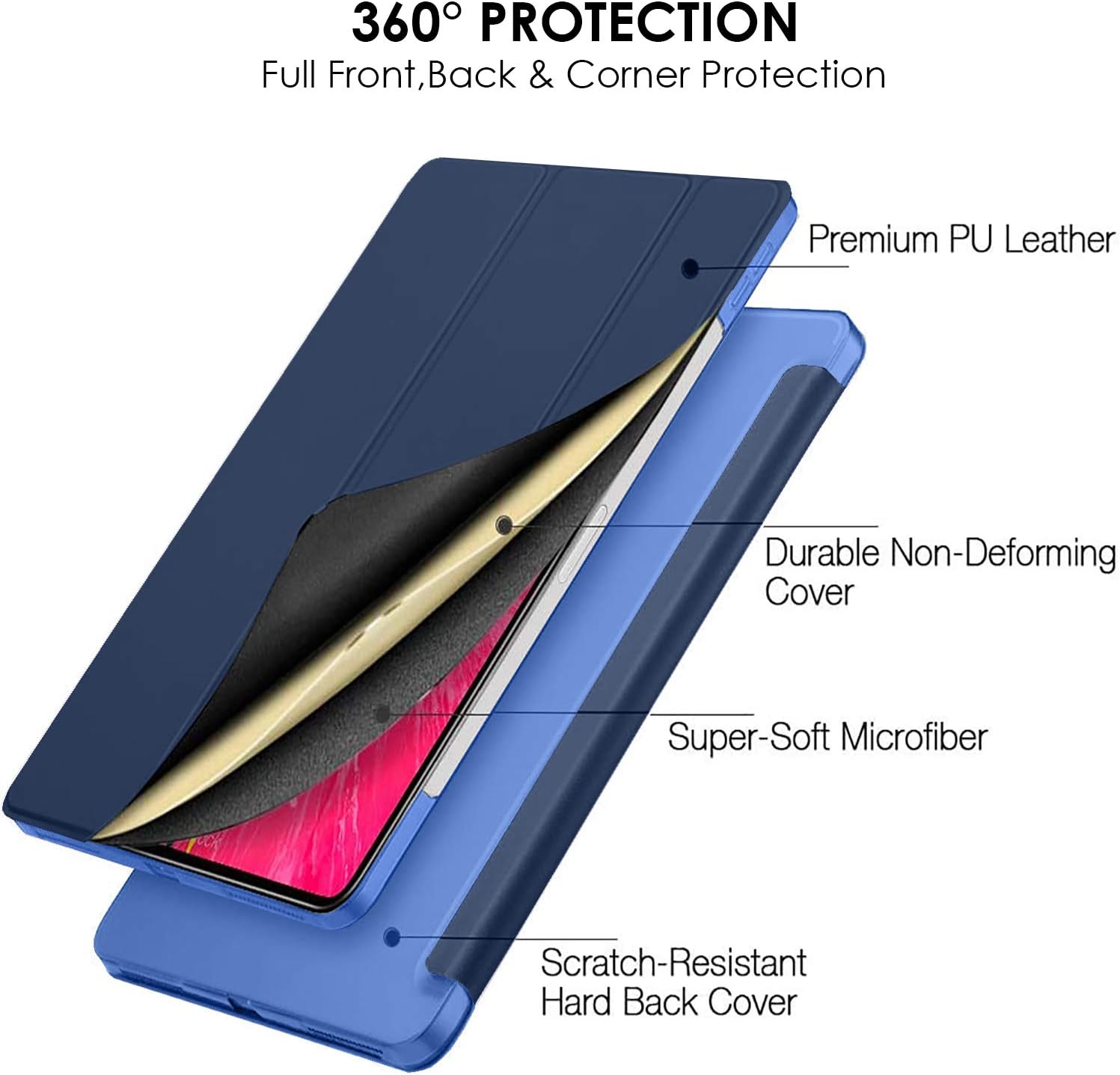 360° PROTECTION  
Full Front, Back & Corner Protection

Premium PU Leather  
Durable Non-Deforming Cover  
Super-Soft Microfiber  
Scratch-Resistant Hard Back Cover