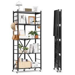 VEVOR - 5-Tier Foldable Storage Shelf, 28Wx13Dx66H Inch Folding Metal Rack Shelving Unit, Heavy Duty No Assembly Organizer Shelf - Black
