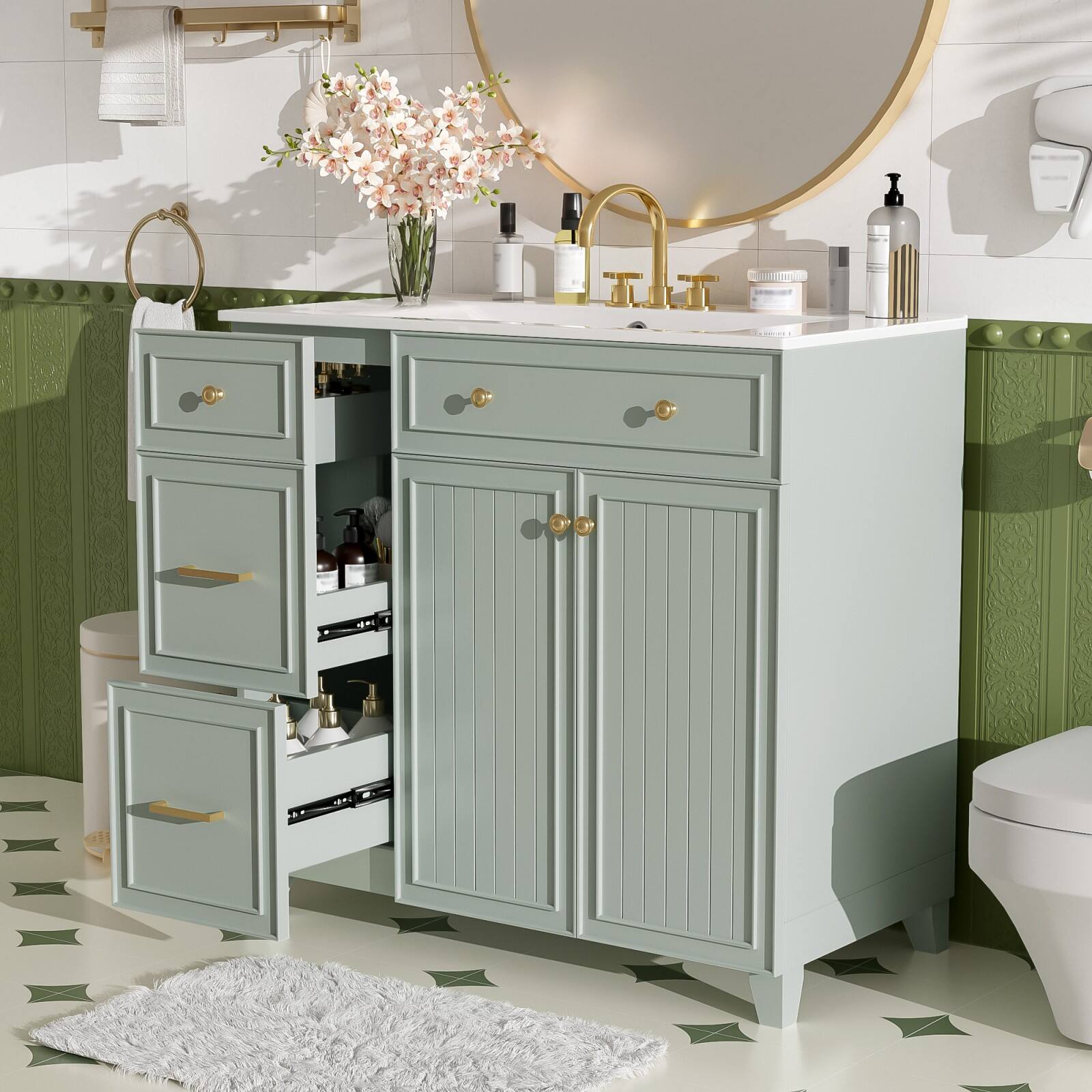 Alt View 1. Ecooso - 36" Bathroom Vanity with Ceramic Sink, Adjustable Shelf, Double-Layer Drawer, Soft-Close Doors - Green.