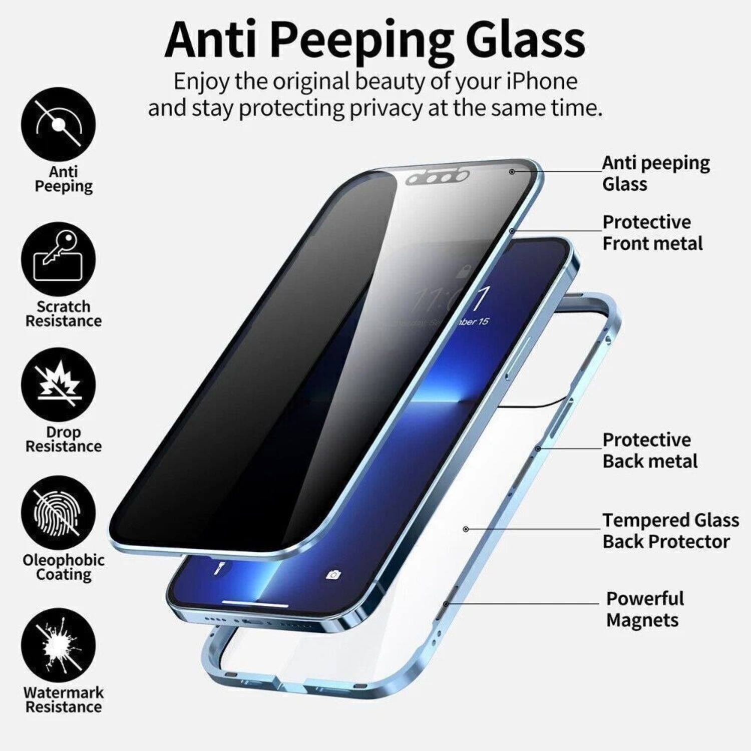 Anti Peeping Glass  
Enjoy the original beauty of your iPhone and stay protecting privacy at the same time.

- Anti Peeping
- Scratch Resistance
- Drop Resistance
- Oleophobic Coating
- Watermark Resistance

Anti peeping Glass  
Protective Front metal  
Protective Back metal  
Tempered Glass Back Protector  
Powerful Magnets