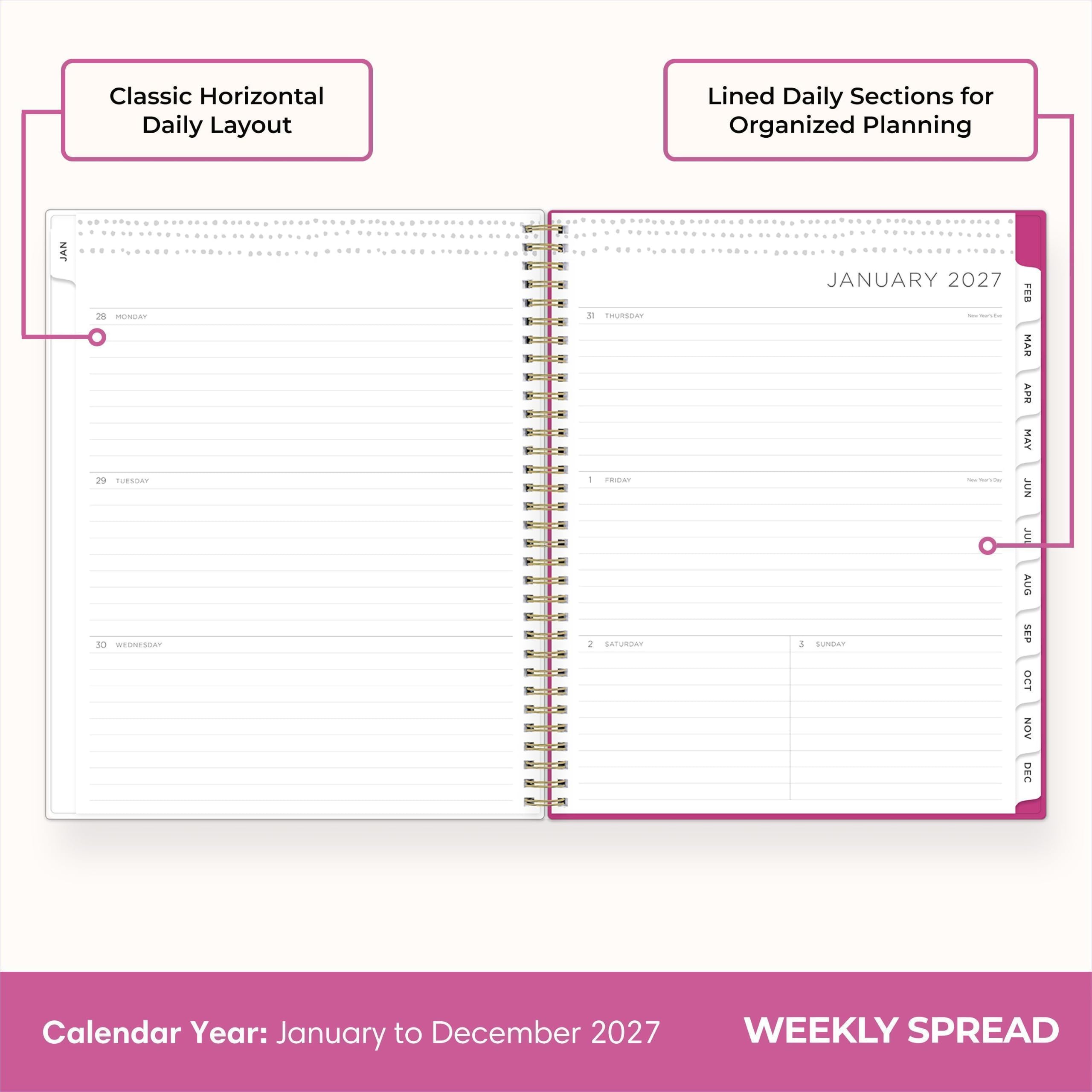 Classic Horizontal Daily Layout  
Lined Daily Sections for Organized Planning  

JAN  
MONDAY 29 TUESDAY 30 WEDNESDAY 31  
THURSDAY 1 FRIDAY 2 SATURDAY 3  
SUNDAY  

FEB MAR APR MAY JUN JUL AUG SEP OCT NOV DEC  

Calendar Year: January to December 2027  
WEEKLY SPREAD