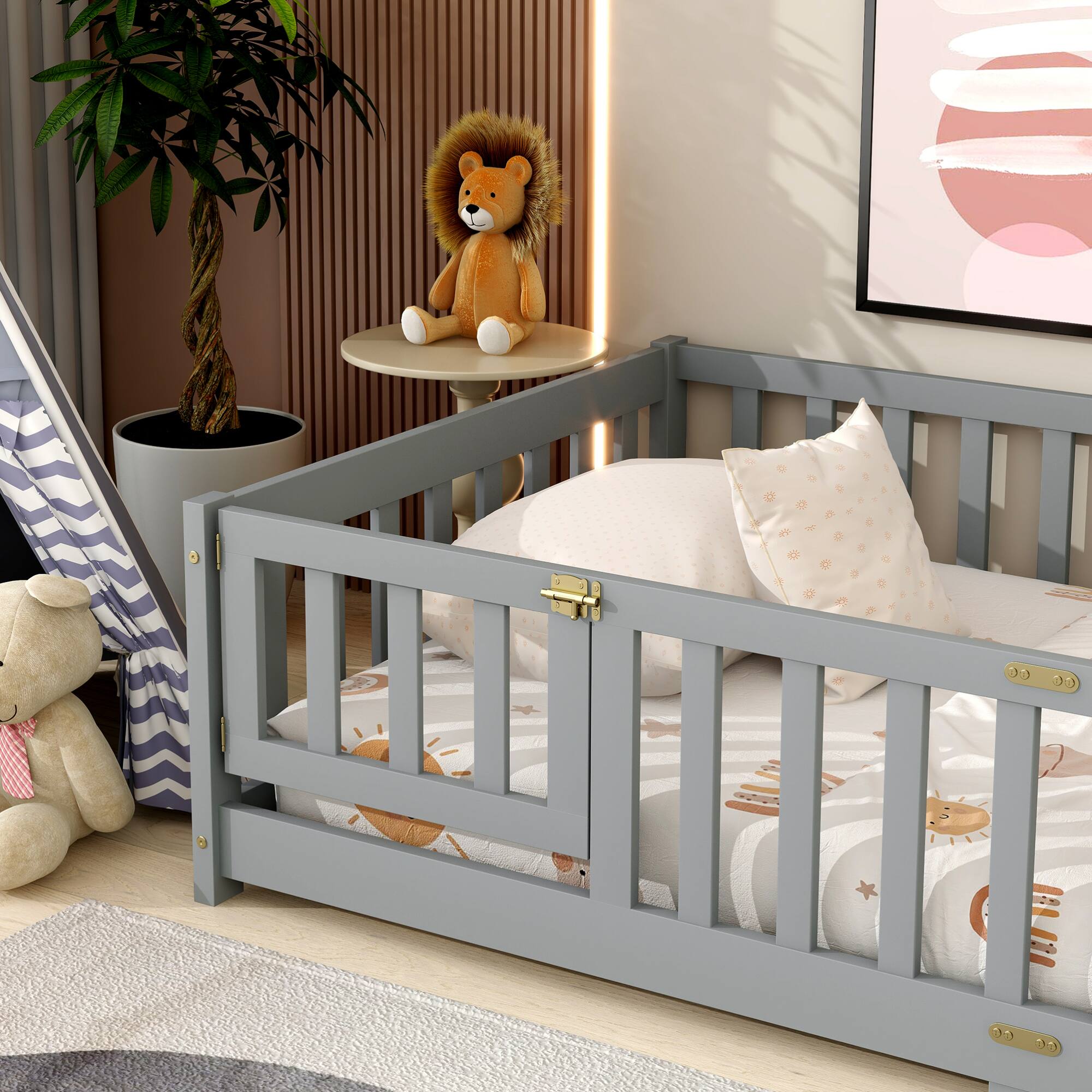 Alt View 5. GOODSILO - Twin Size Floor Bed with Safety Fence and Door for Kids, Sturdy Rubber Wood Construction - Grey.