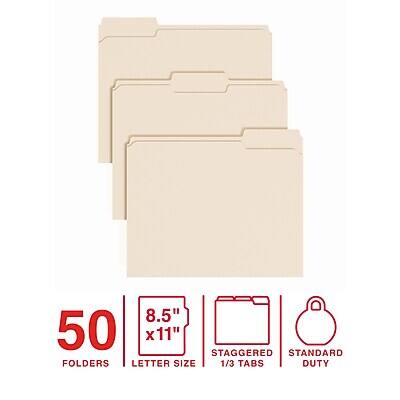 50 Folders  
8.5" x 11" Letter Size  
Staggered 1/3 Tabs  
Standard Duty