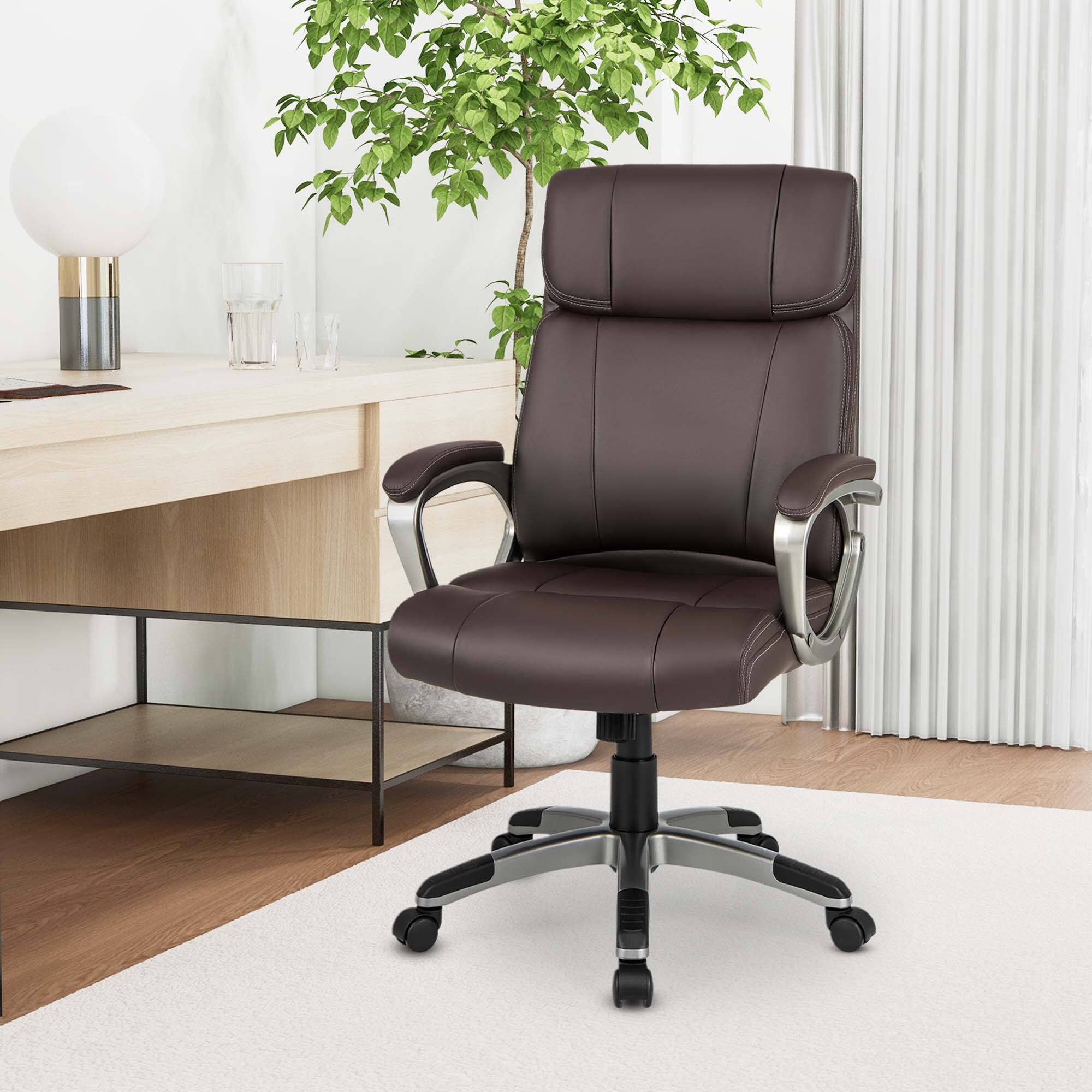 Alt View 2. Costway - Ergonomic Executive PU Leather Office Chair with Swivel and Flip-up Armrests - Brown.