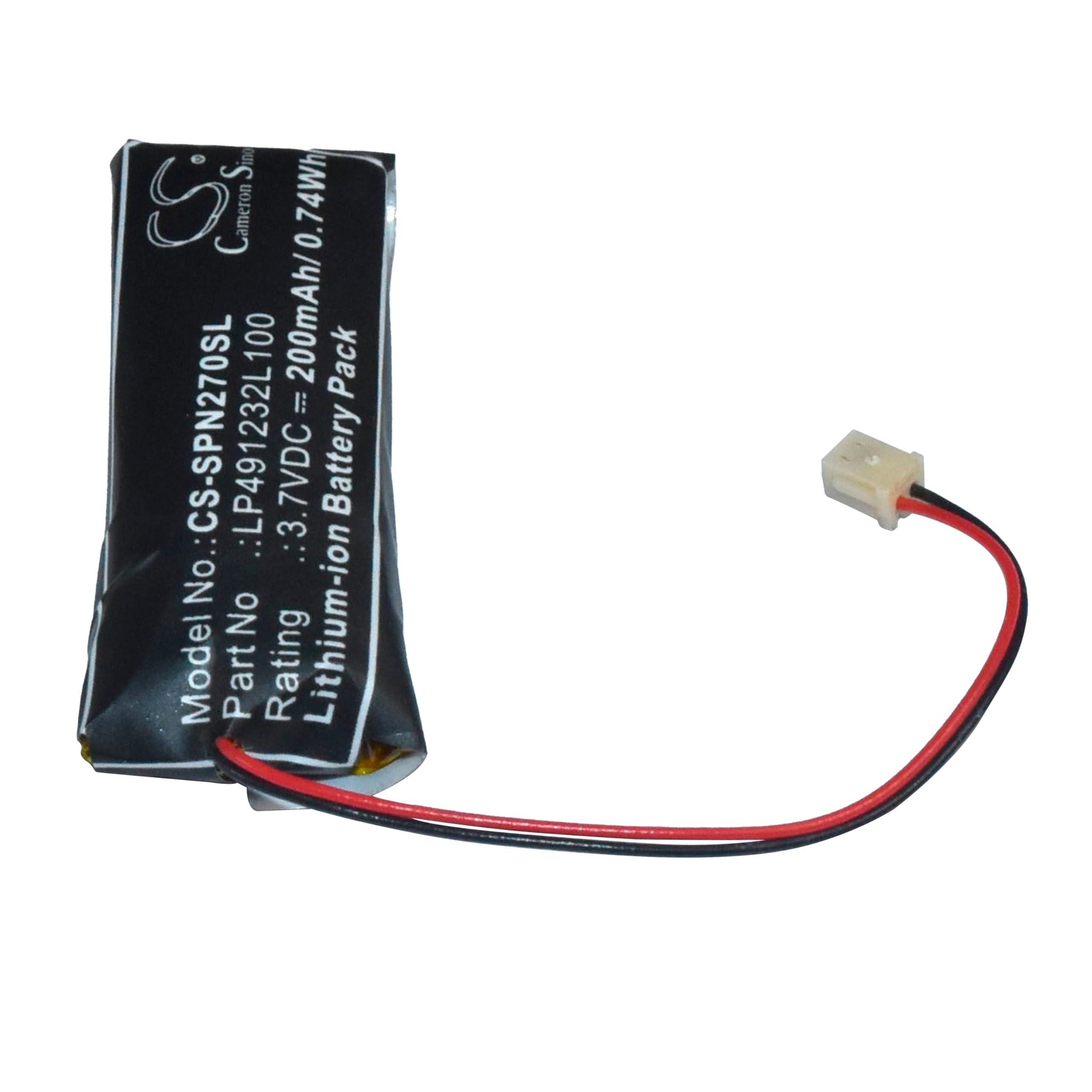 Model No.: CS-SPN270SL  
Part No.: LP491232L100  
Rating: 3.7VDC 200mAh  
Lithium-ion Battery Pack  
0.74Wh  
S S Cameron