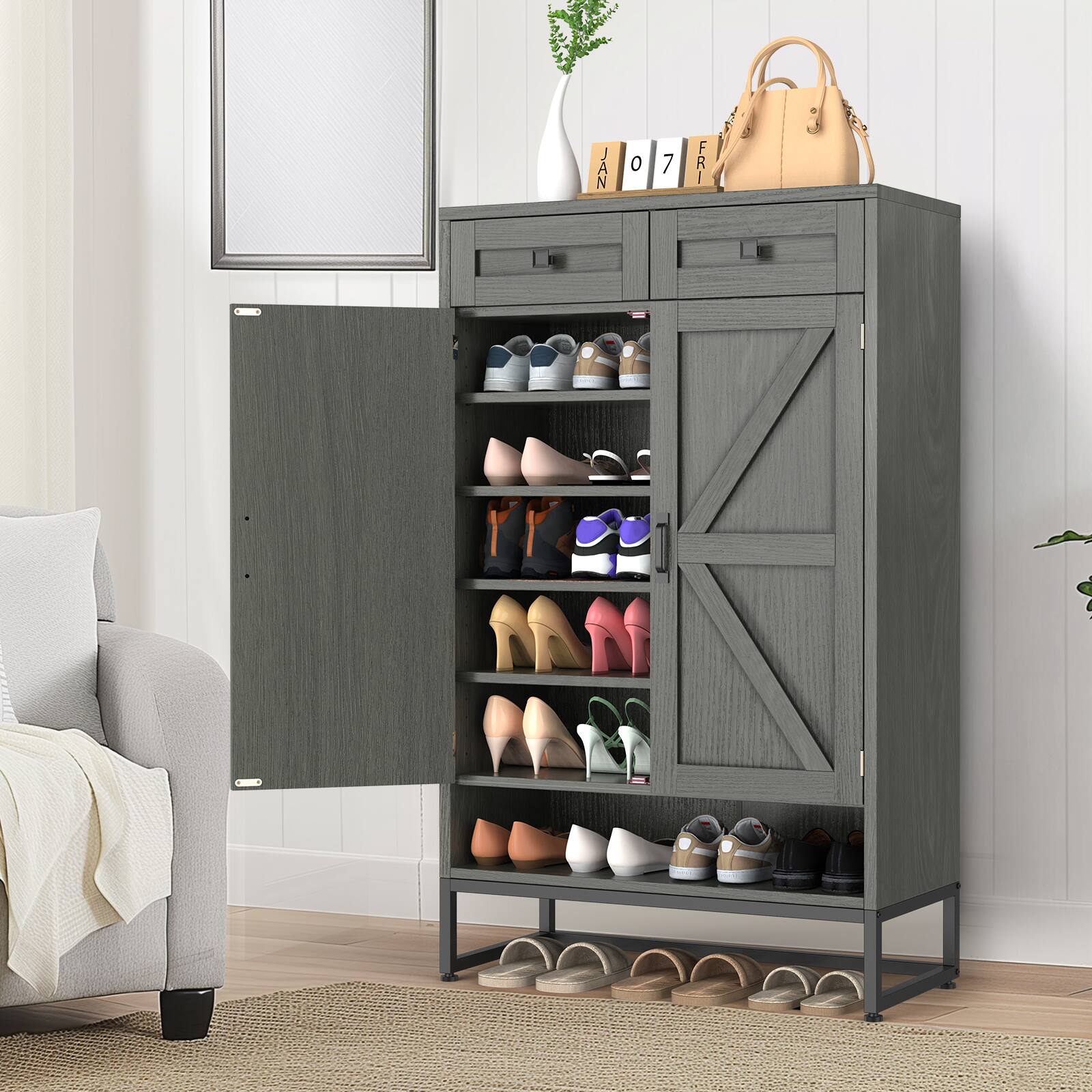 Angle. Oumilen - Shoe Cabinet with 2 Doors and Drawers, Gray - Gray.