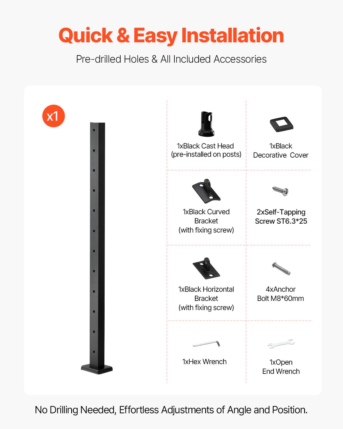 Quick & Easy Installation  
Pre-drilled Holes & All Included Accessories  

- 1x Black Cast Head (pre-installed on posts)  
- 1x Black Decorative Cover  
- 1x Black Curved Bracket (with fixing screw)  
- 2x Self-Tapping Screw ST6.3*25  
- 1x Black Horizontal Bracket (with fixing screw)  
- 4x Anchor Bolt M8*60mm  
- 1x Hex Wrench  
- 1x Open End Wrench  

No Drilling Needed, Effortless Adjustments of Angle and Position.
