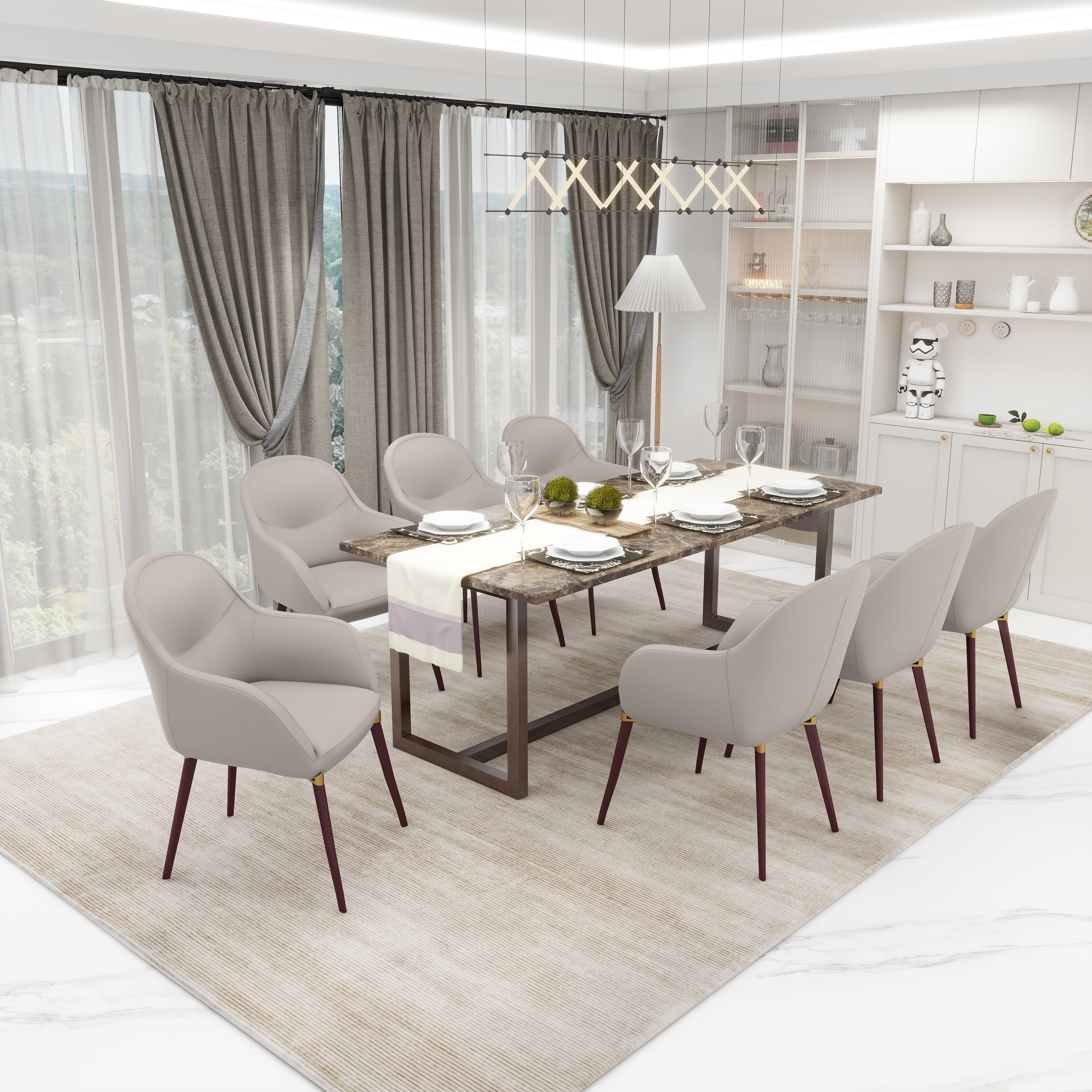 Left. LeisureMod - Elias Barrel-Back Dining Armchair, Velvet/Leather Accent Chair with Gold Brackets & Wood-Look Legs - Light Grey.