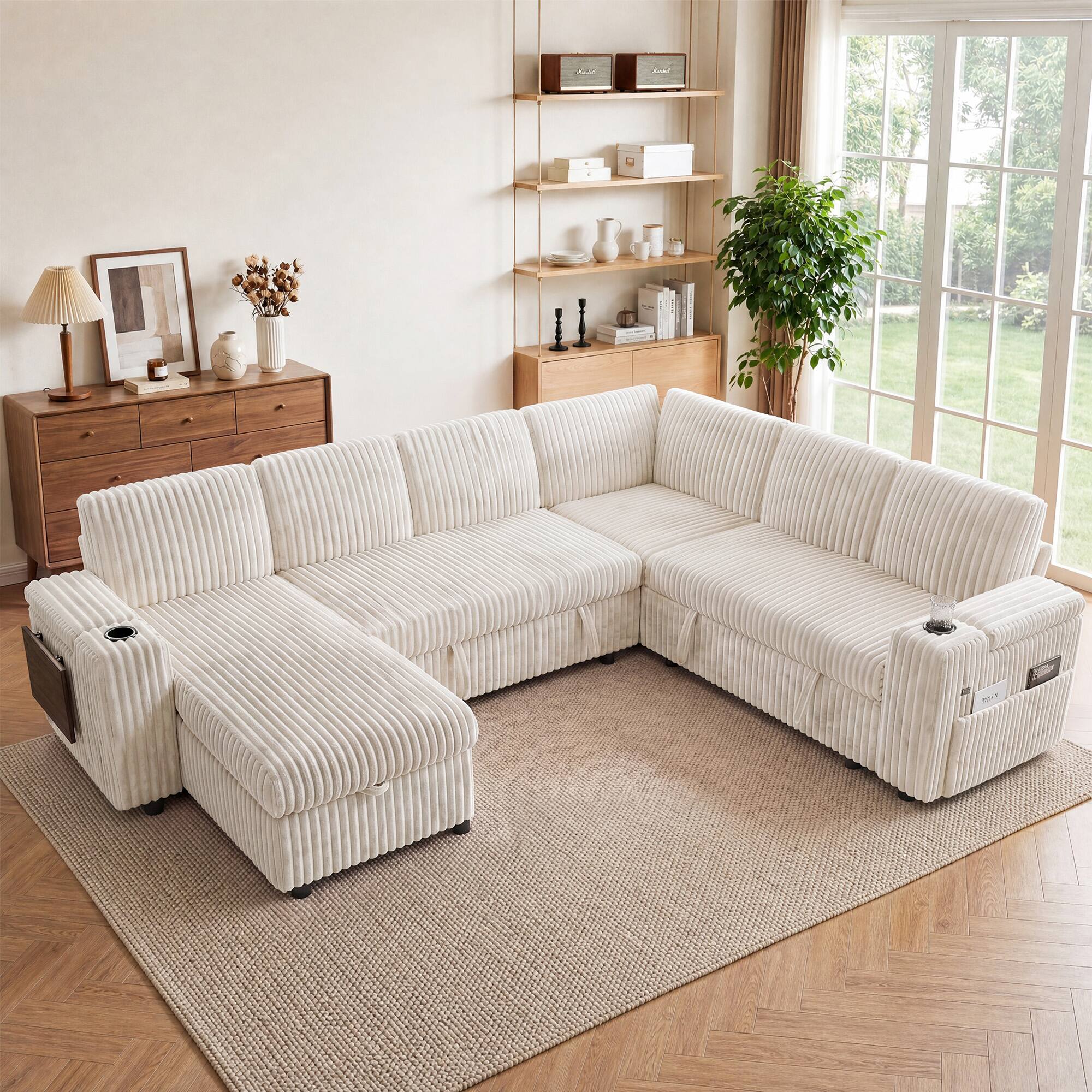Angle. Dyonery - 110" Corduroy Sectional Sleeper Sofa with Pull Out Bed, 7-Seat Couch with Storage/USB Ports/Cup Holders/Side Table - Beige.