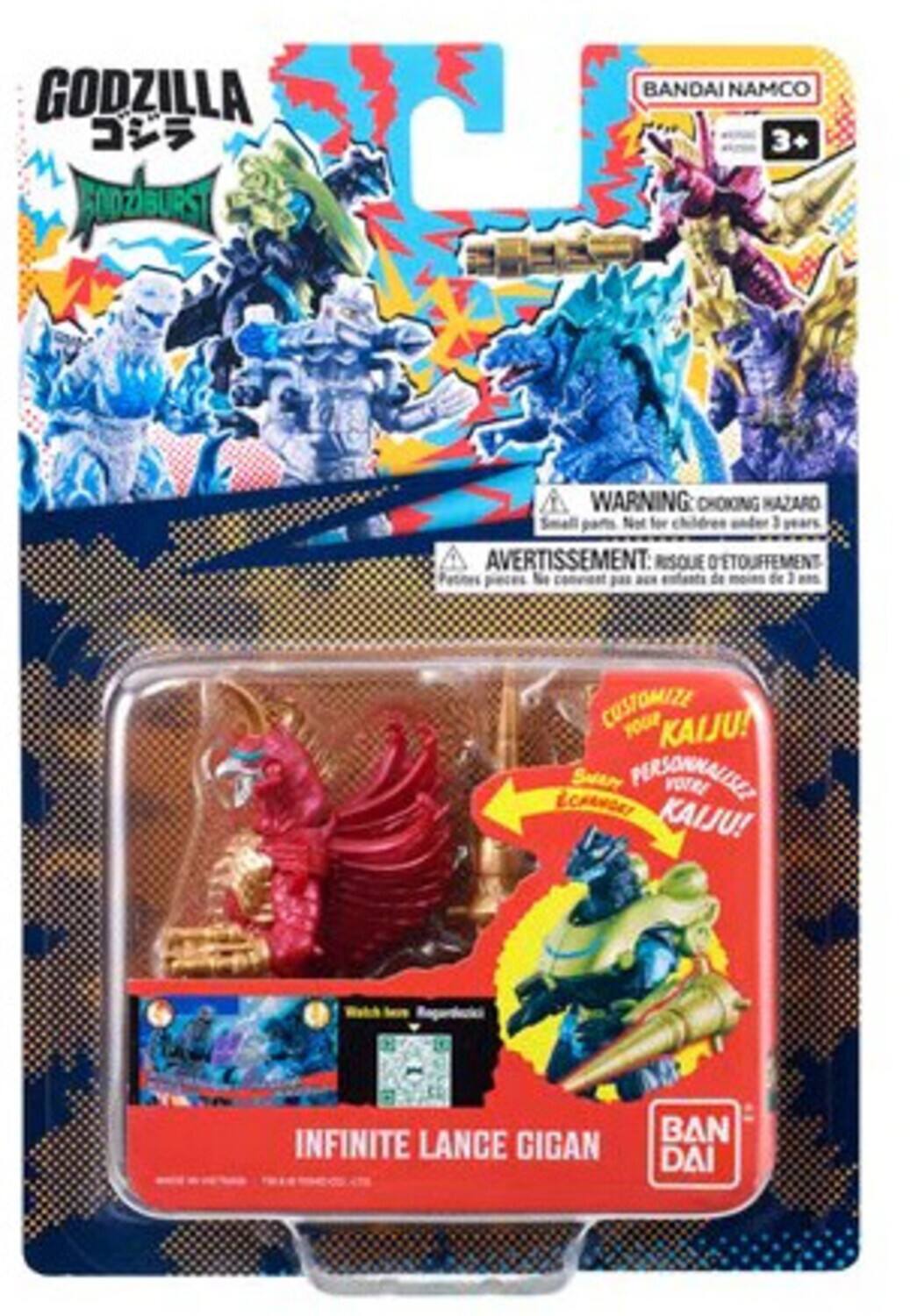 GODZILLA  
BANDAI NAMCO 3+  
WARNING: CHOKING HAZARD  
AVERTISSEMENT: RISQUE D'ÉTOUFFEMENT  
CUSTOMIZE YOUR KAIJU! PERSONNALISEZ VOTRE KAIJU!  
INFINITE LANCE GIGAN  
BAN DAI