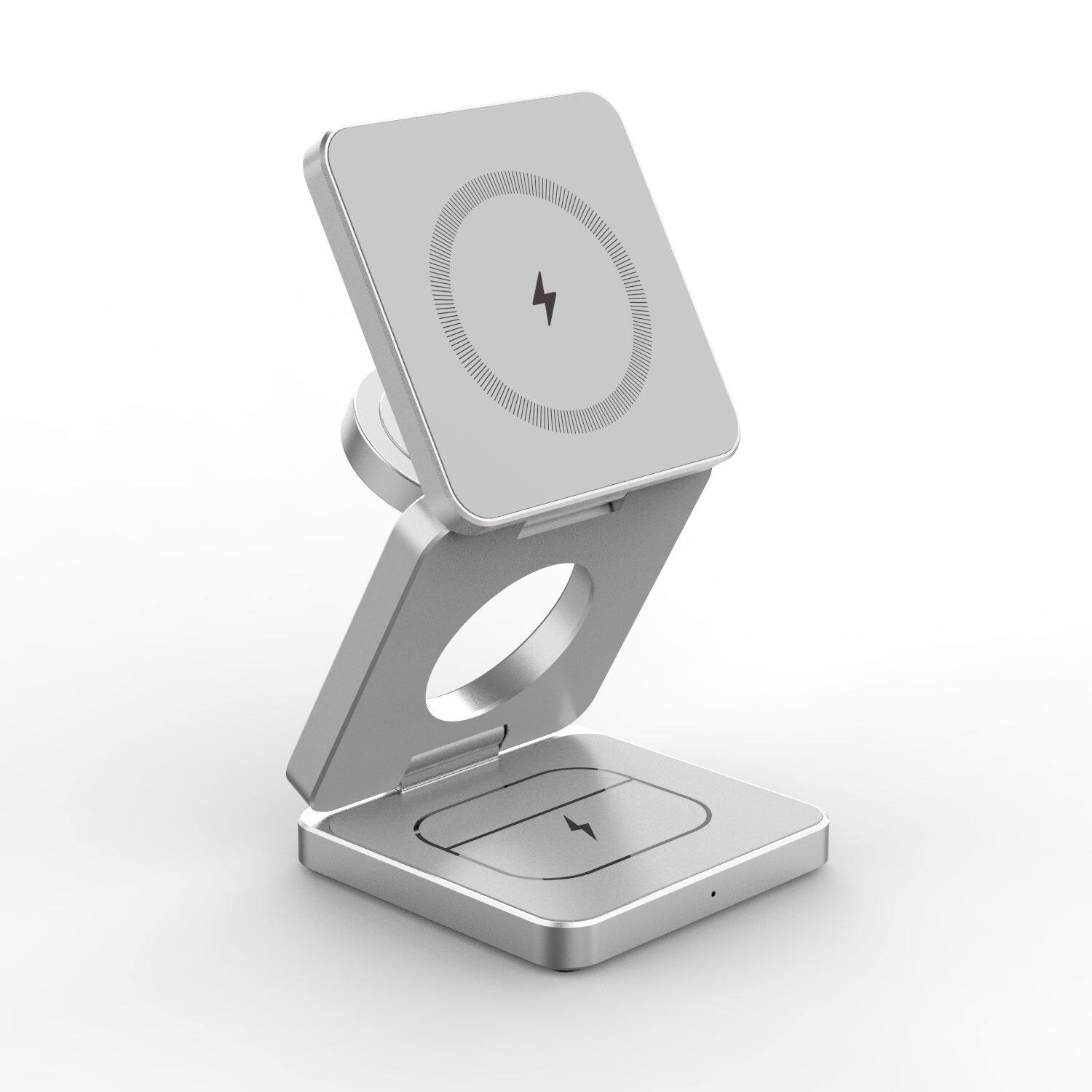 Angle. PRIMEPLUS - 15W Qi-Certified Magnetic Foldable Wireless Charger & Stand, 3-in-1 Charging for iPhone, AirPods, Apple Watch - Silver.