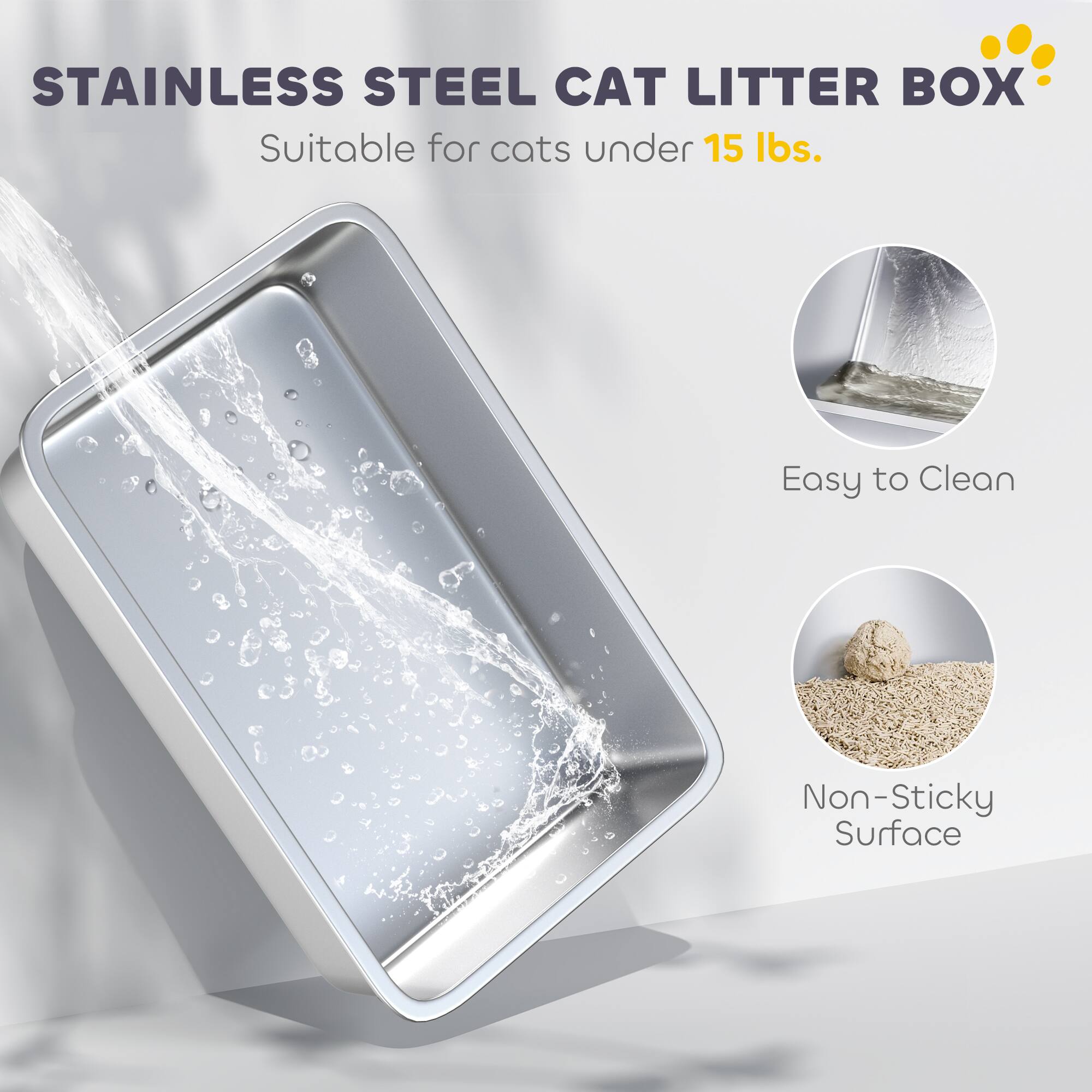 STAINLESS STEEL CAT LITTER BOX  
Suitable for cats under 15 lbs.  

Easy to Clean  
Non-Sticky Surface