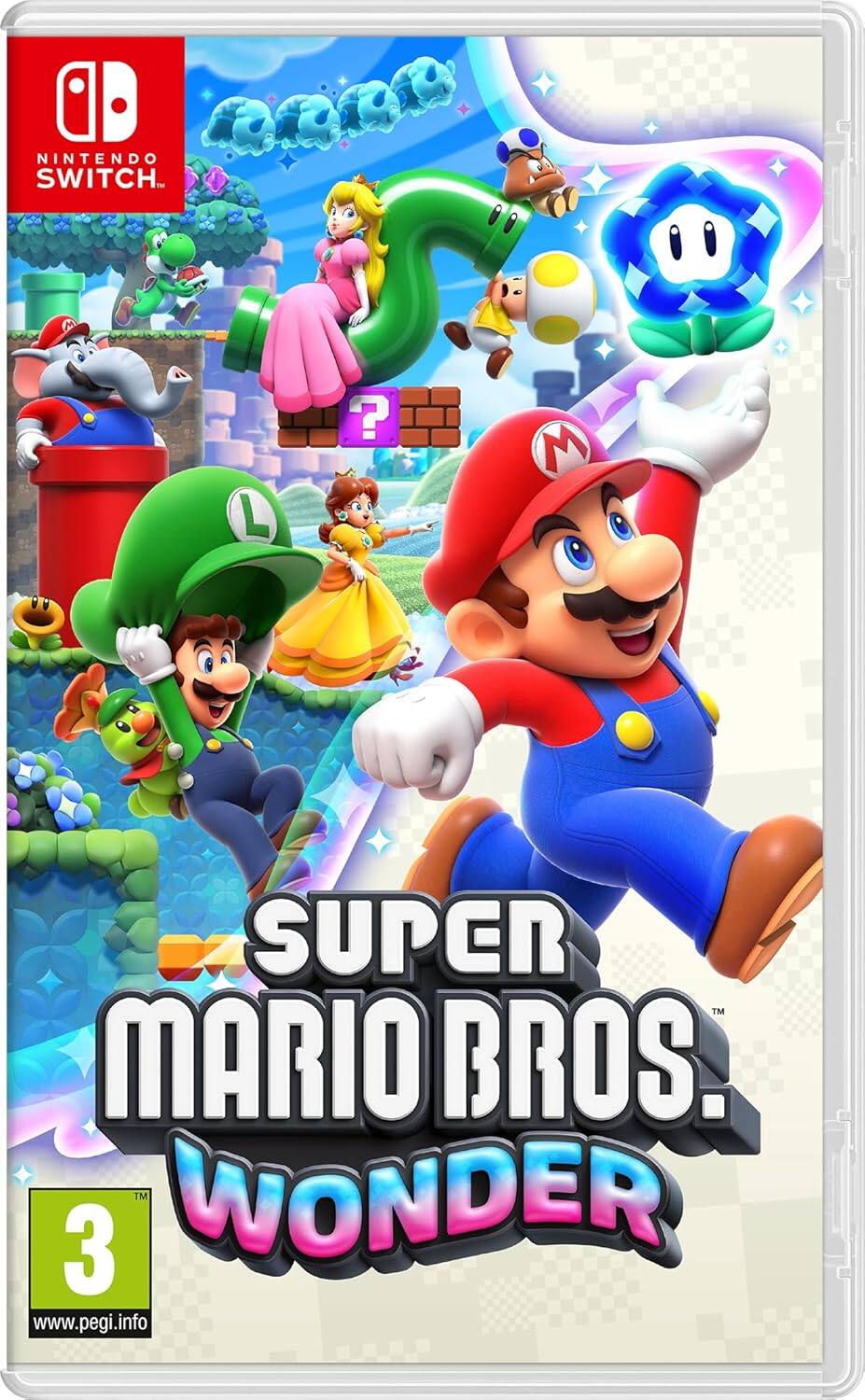 Sure, here is the corrected and grouped text from the image:

---

**Nintendo Switch**

**Super Mario Bros. Wonder**

**3**

**www.pegi.info**

---

This text is from the cover of the game "Super Mario Bros. Wonder" for the Nintendo Switch.